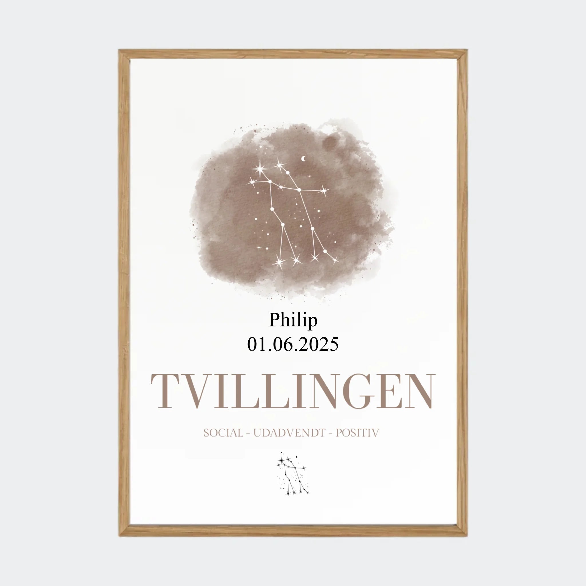 Stjernetegnsplakat – Tvillingen, A3 med ramme i massiv eg