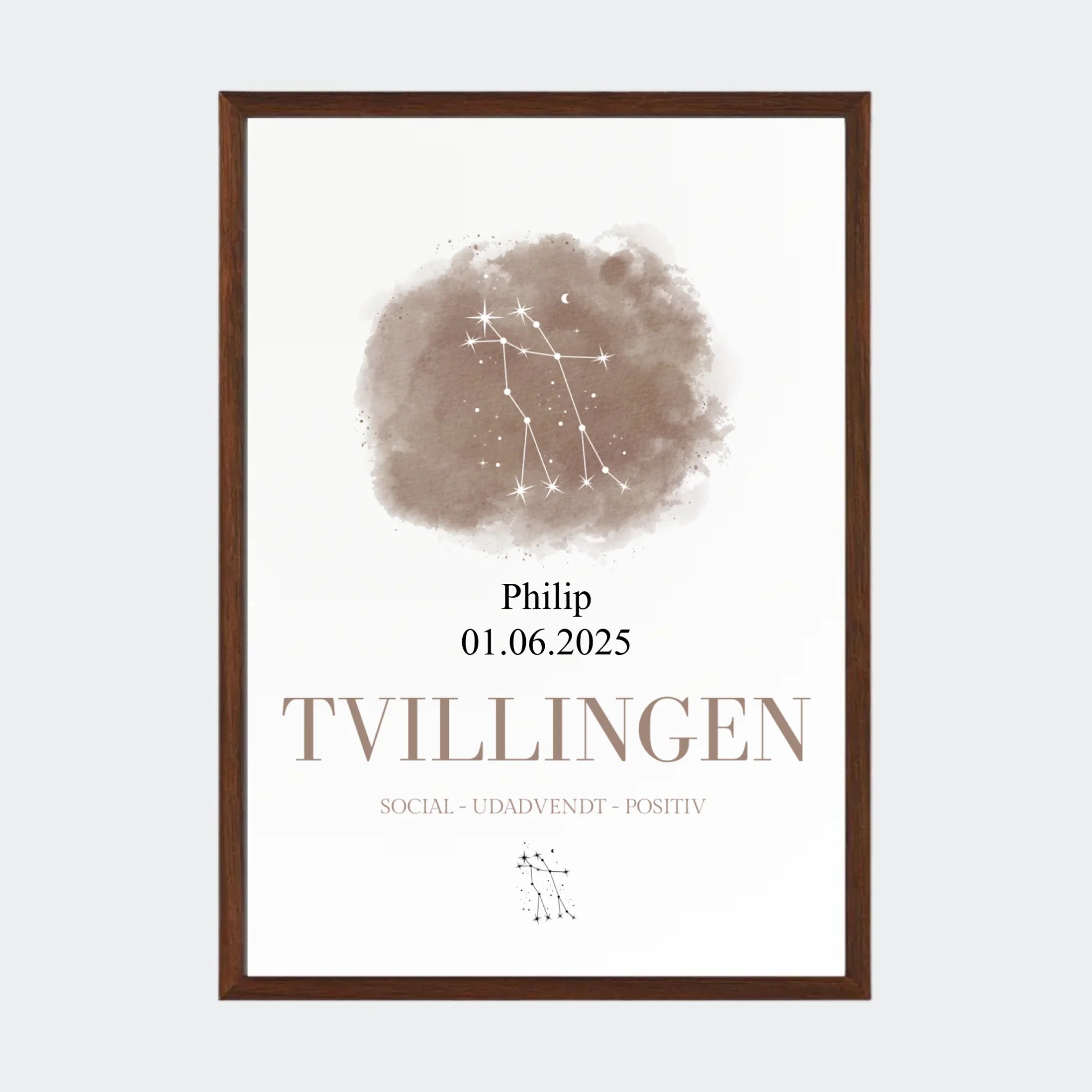 Stjernetegnsplakat – Tvillingen, A3 med ramme i mørk eg