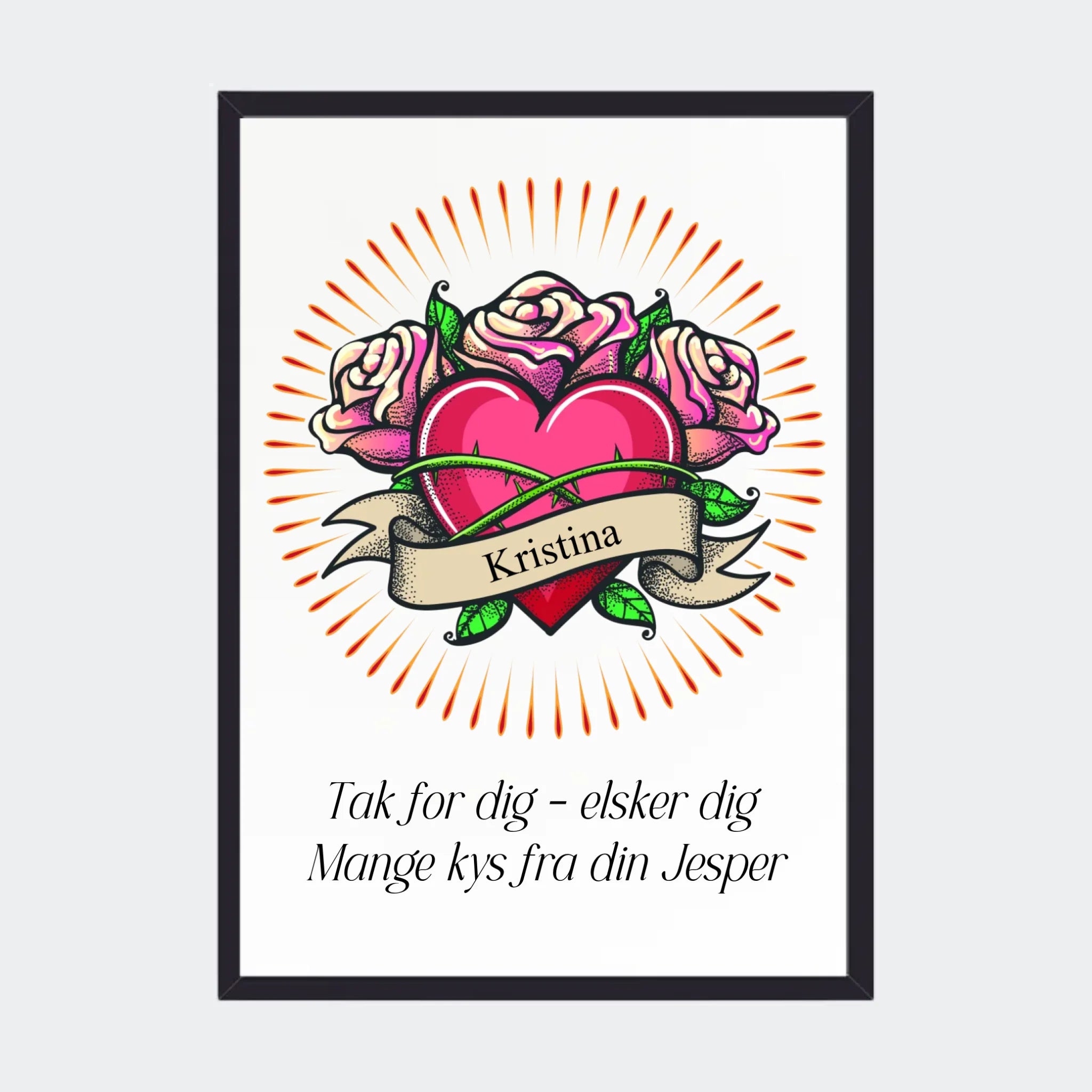 Plakat – hjerte med navn og tekst, A3 med sort ramme