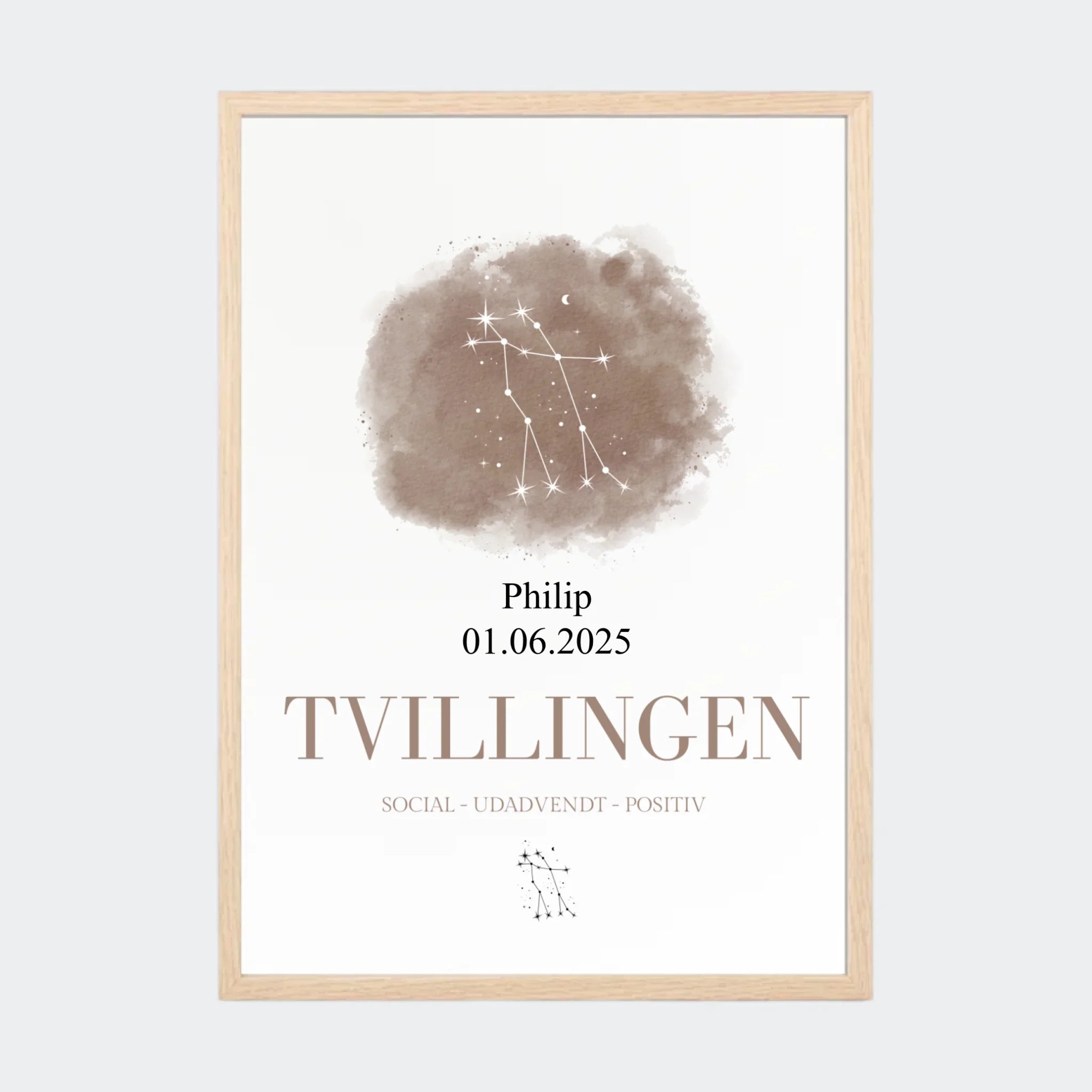 Stjernetegnsplakat – Tvillingen, A3 med ramme i natur eg