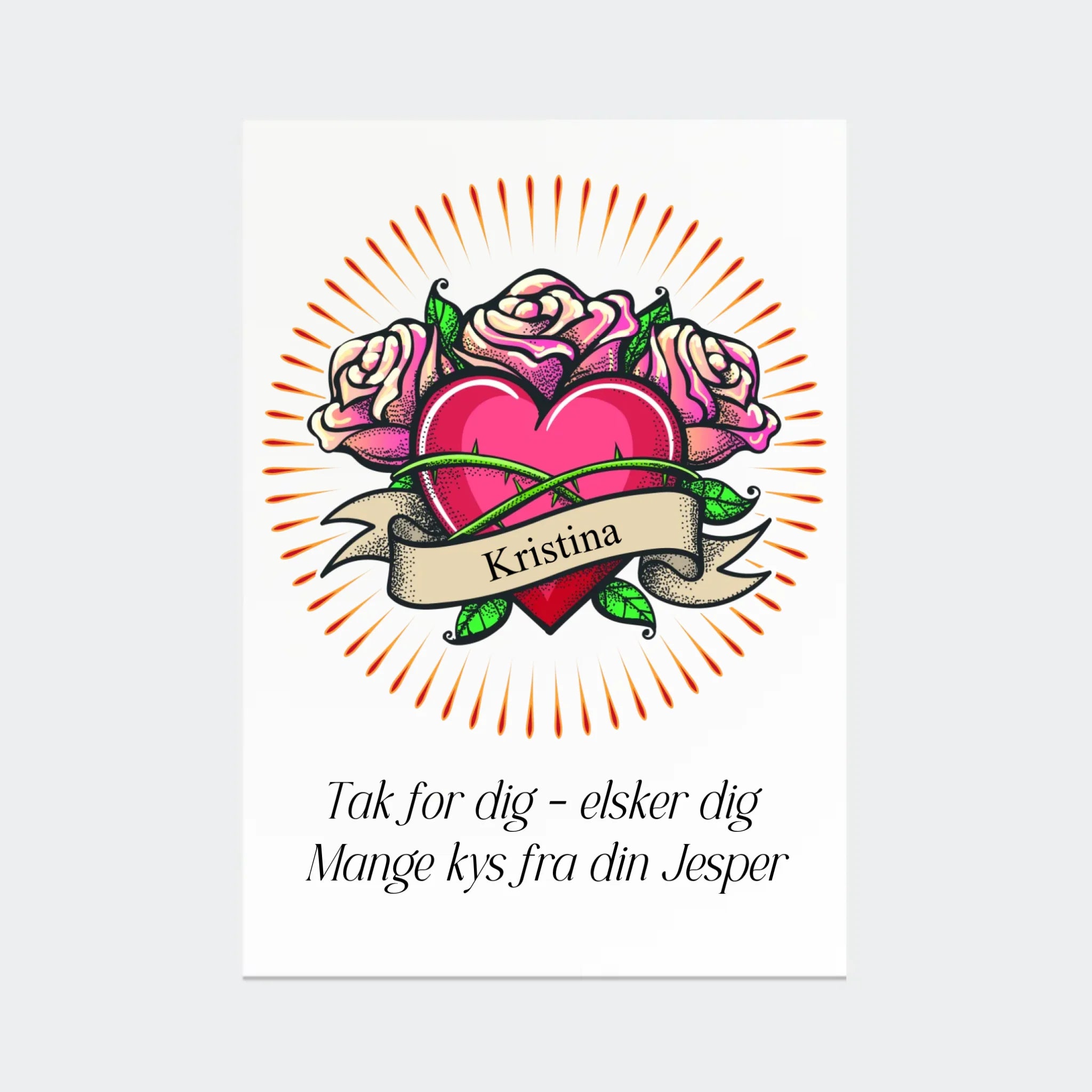 Plakat – hjerte med navn og tekst, A2 uden ramme