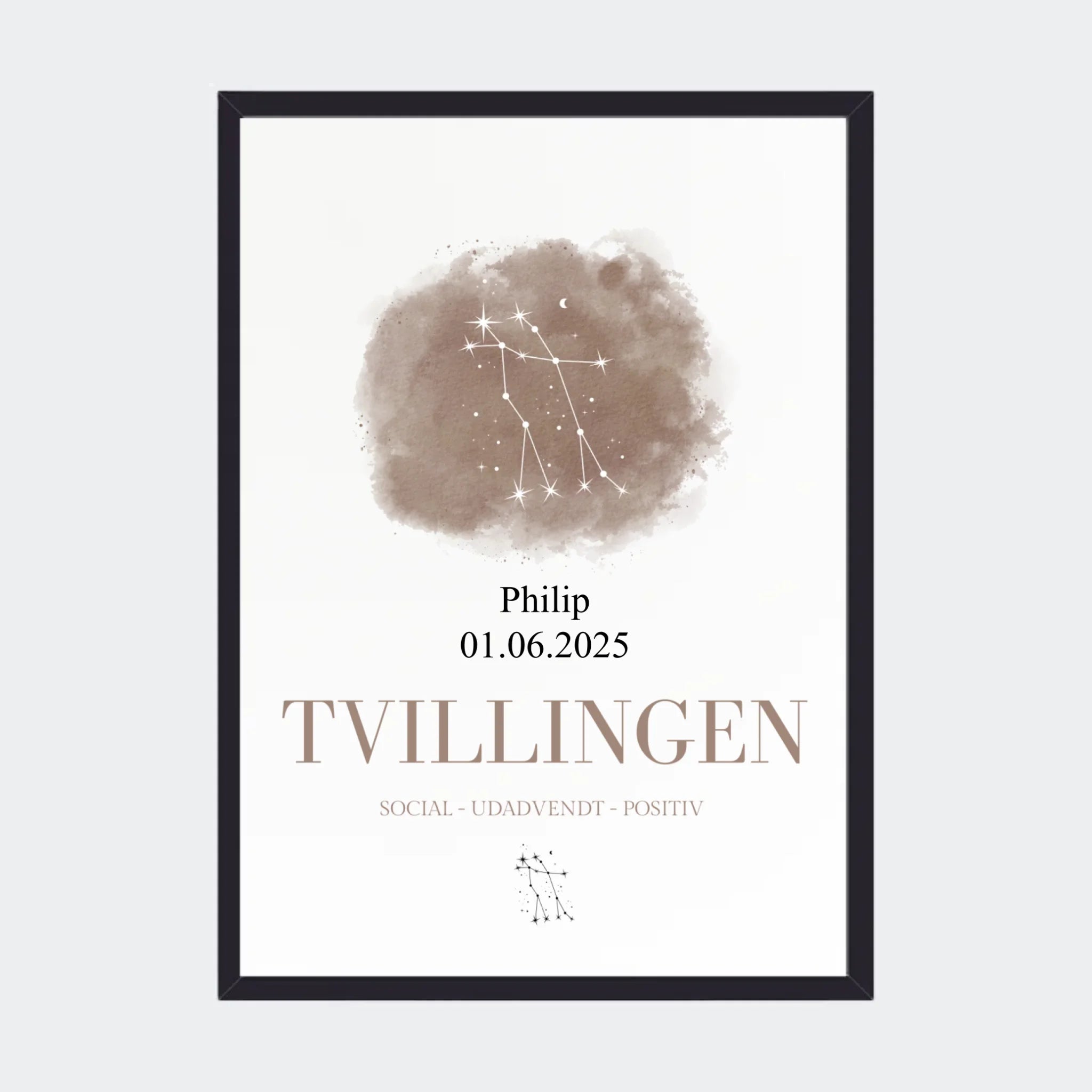 Stjernetegnsplakat – Tvillingen, A3 med sort ramme