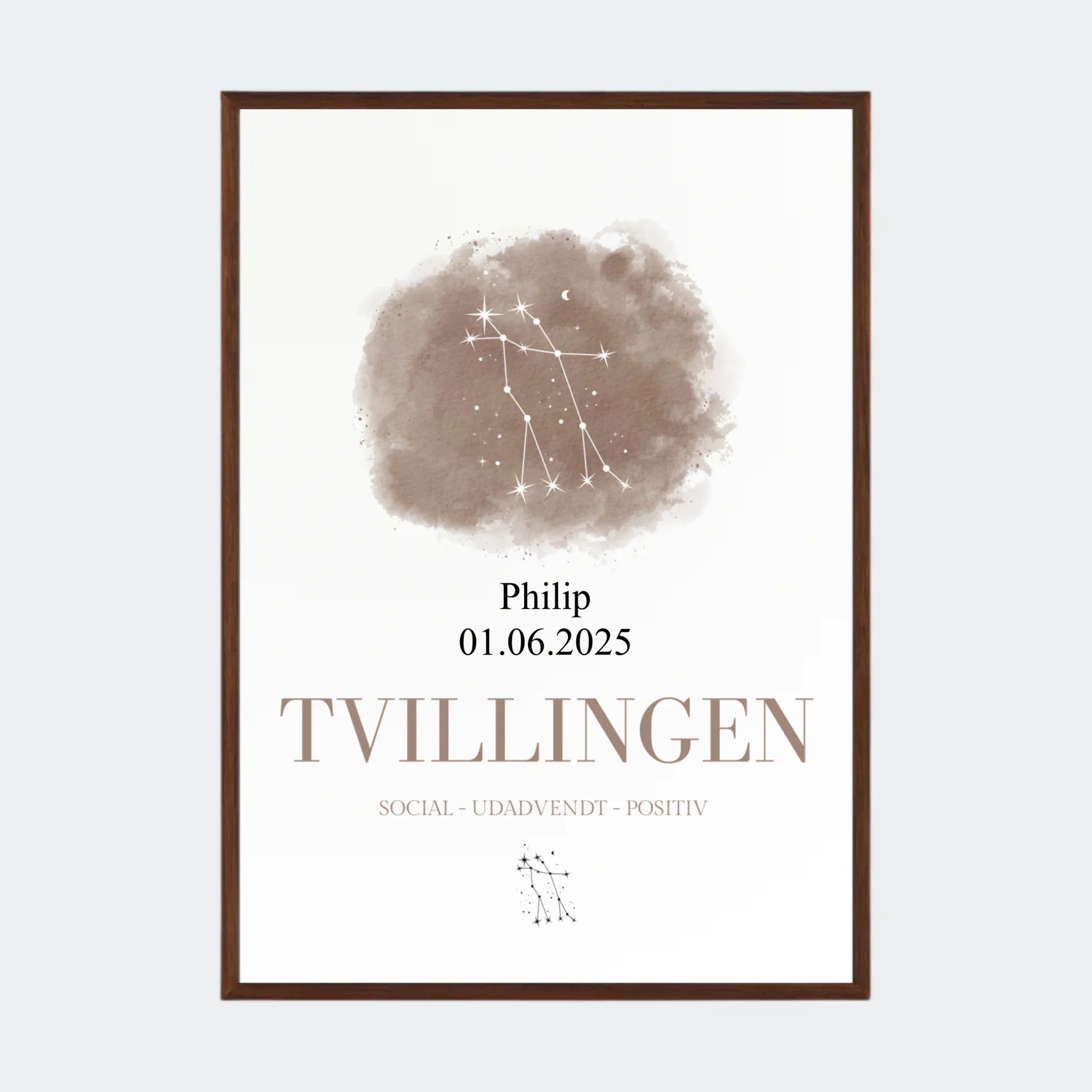 Stjernetegnsplakat – Tvillingen, A2 med ramme i mørk eg