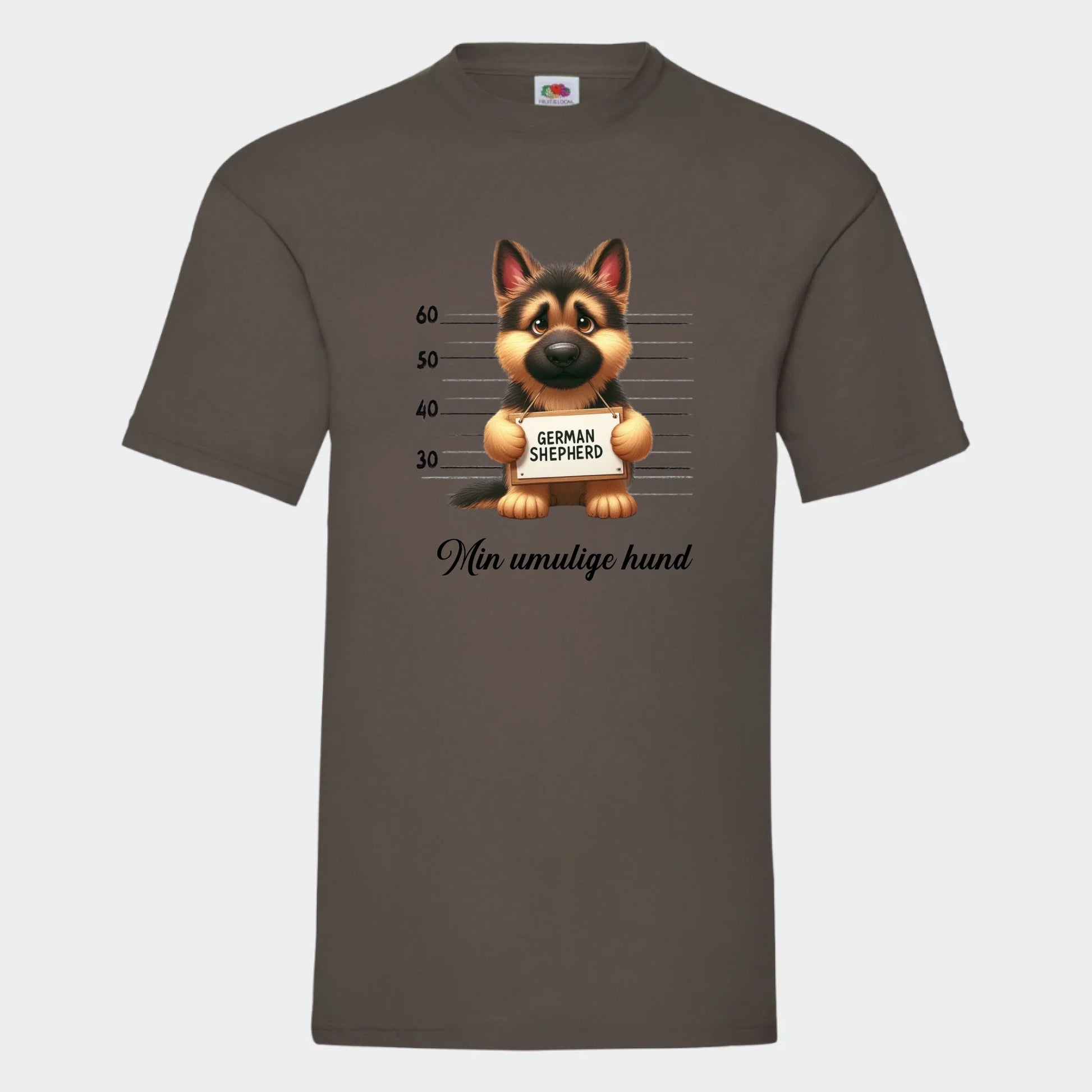 T-shirt-hundehvalpe Customizer TeeInBlue Print på front Mørkebrun Small