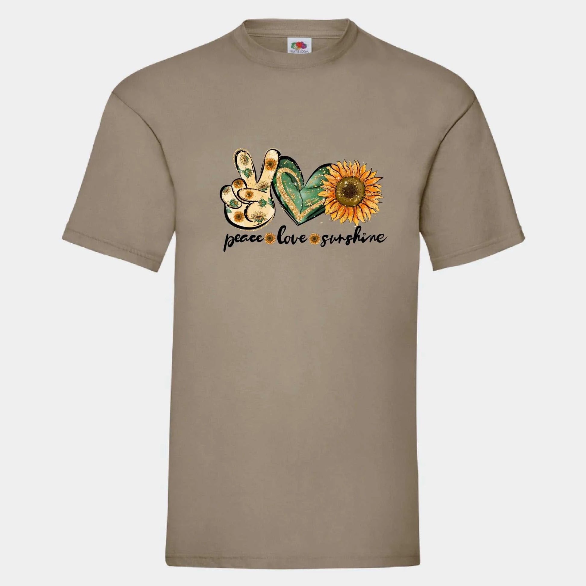 T-shirt til voksne - Peace, love, sunshine Customizer TeeInBlue Print på front Khaki Small