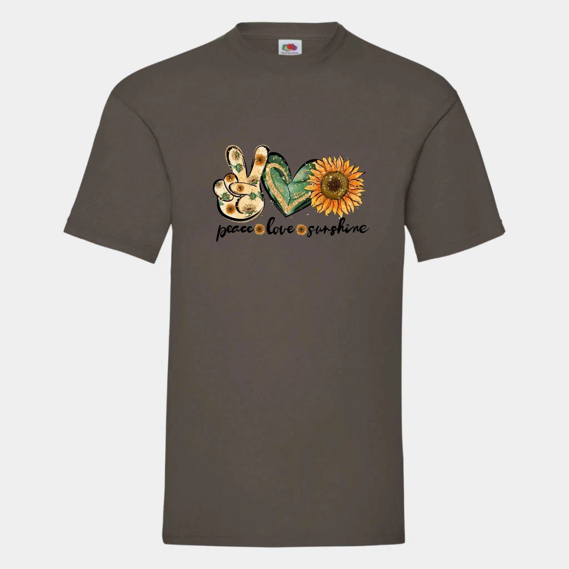 T-shirt til voksne - Peace, love, sunshine Customizer TeeInBlue Print på front Mørkebrun Small