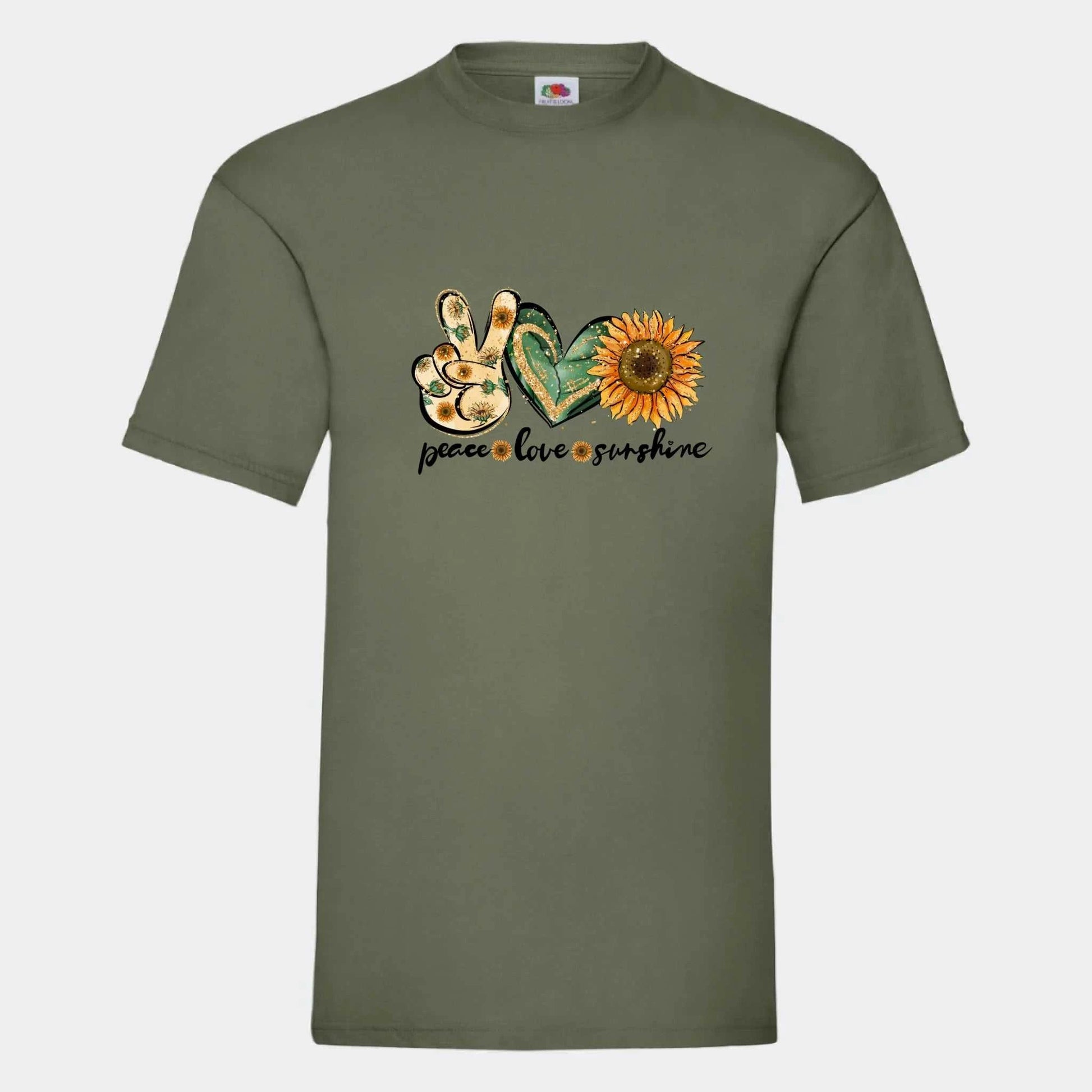 T-shirt til voksne - Peace, love, sunshine Customizer TeeInBlue Print på front Oliven Small
