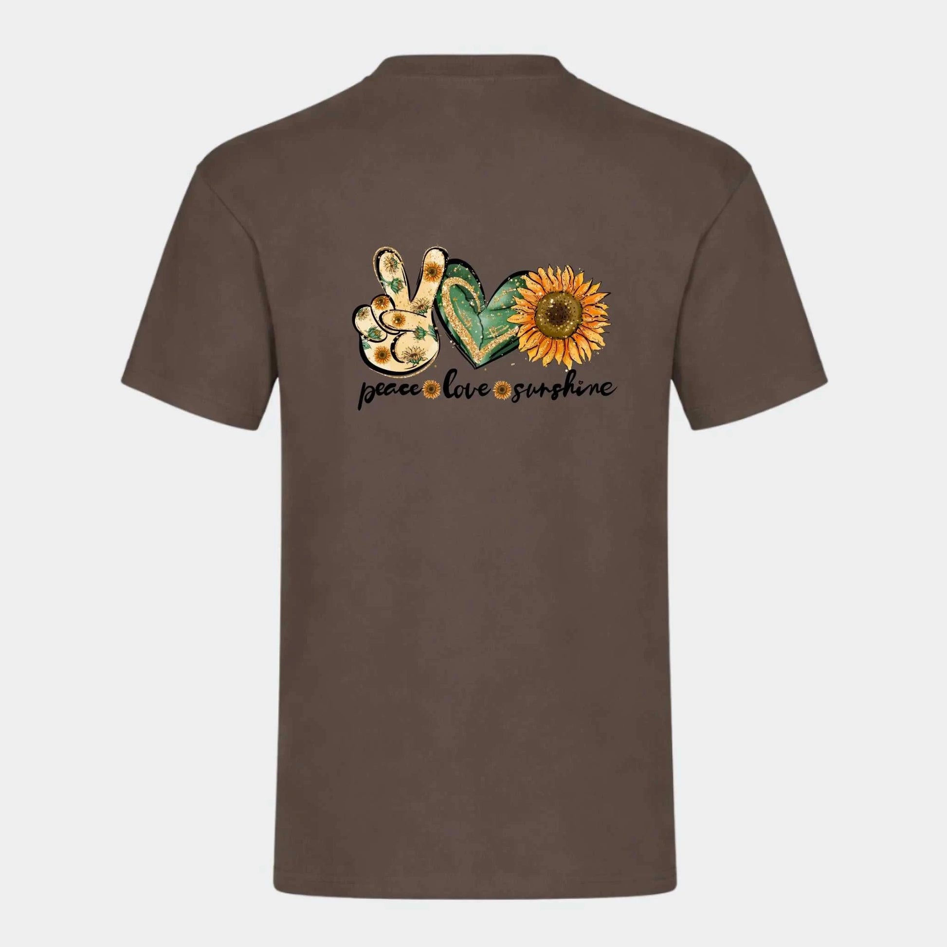 T-shirt til voksne - Peace, love, sunshine Customizer TeeInBlue Print på ryg Mørkebrun Small