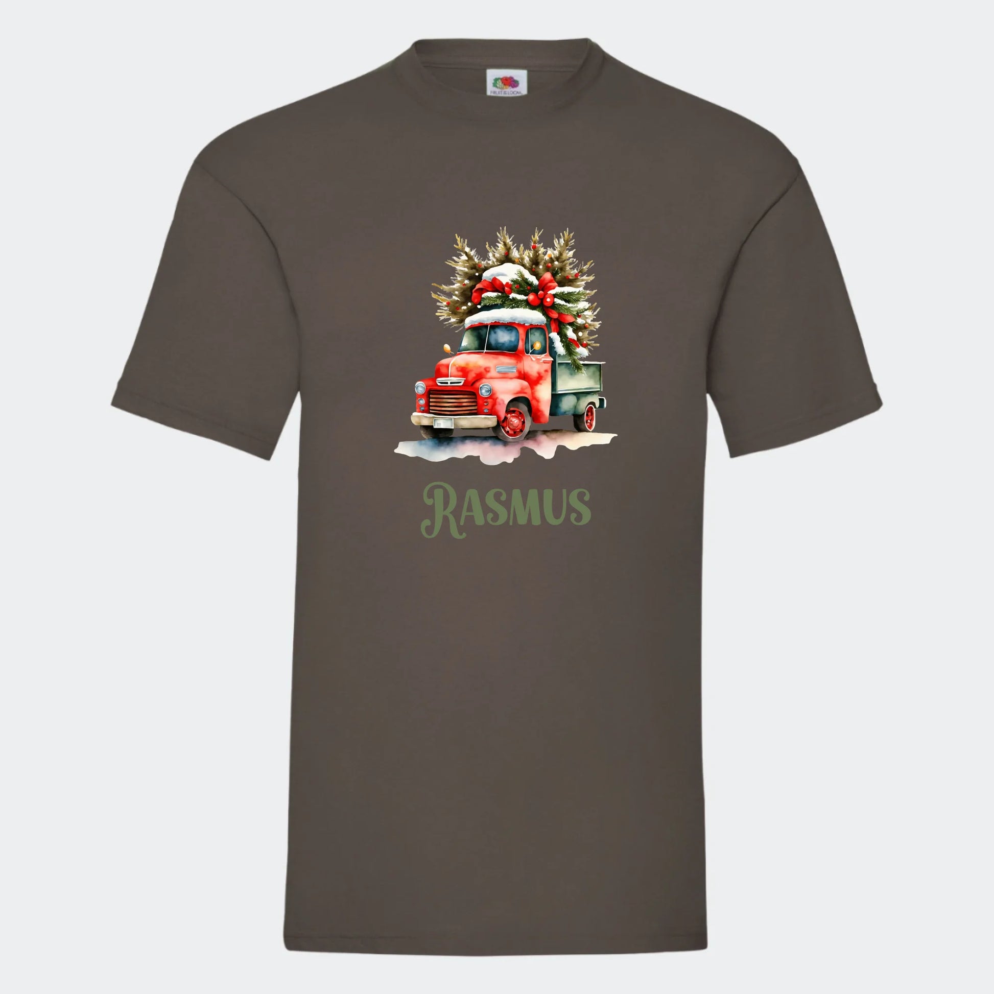 T-shirt til voksne - Bil med juletræ Customizer TeeInBlue Print på front Mørkebrun Small