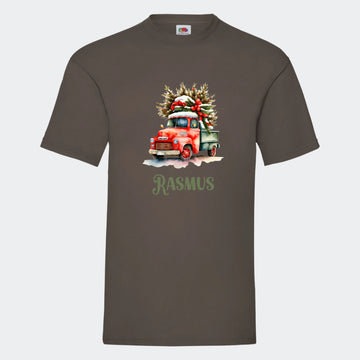 T-shirt til voksne - Bil med juletræ Customizer TeeInBlue Print på front Mørkebrun Small