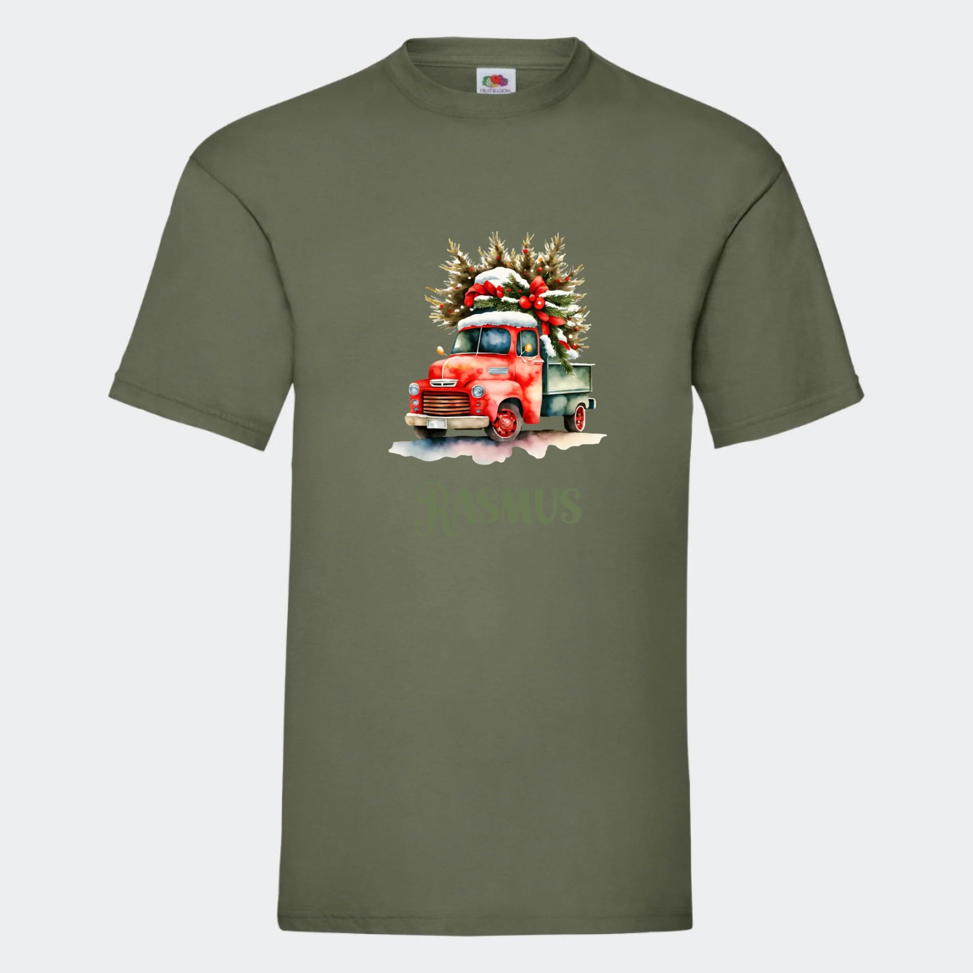 T-shirt til voksne - Bil med juletræ Customizer TeeInBlue Print på front Oliven Small