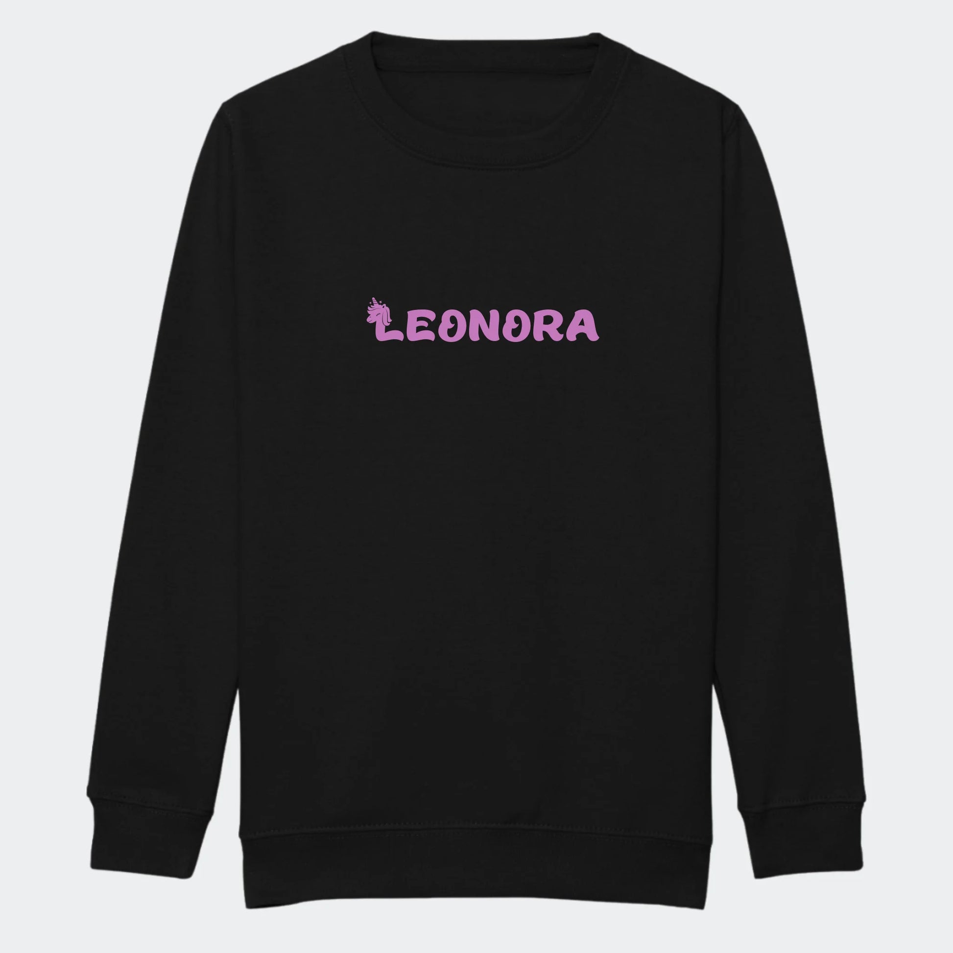 Sweatshirt til junior - Unicorn skrift Customizer TeeInBlue Print på front Sort 3-4 år