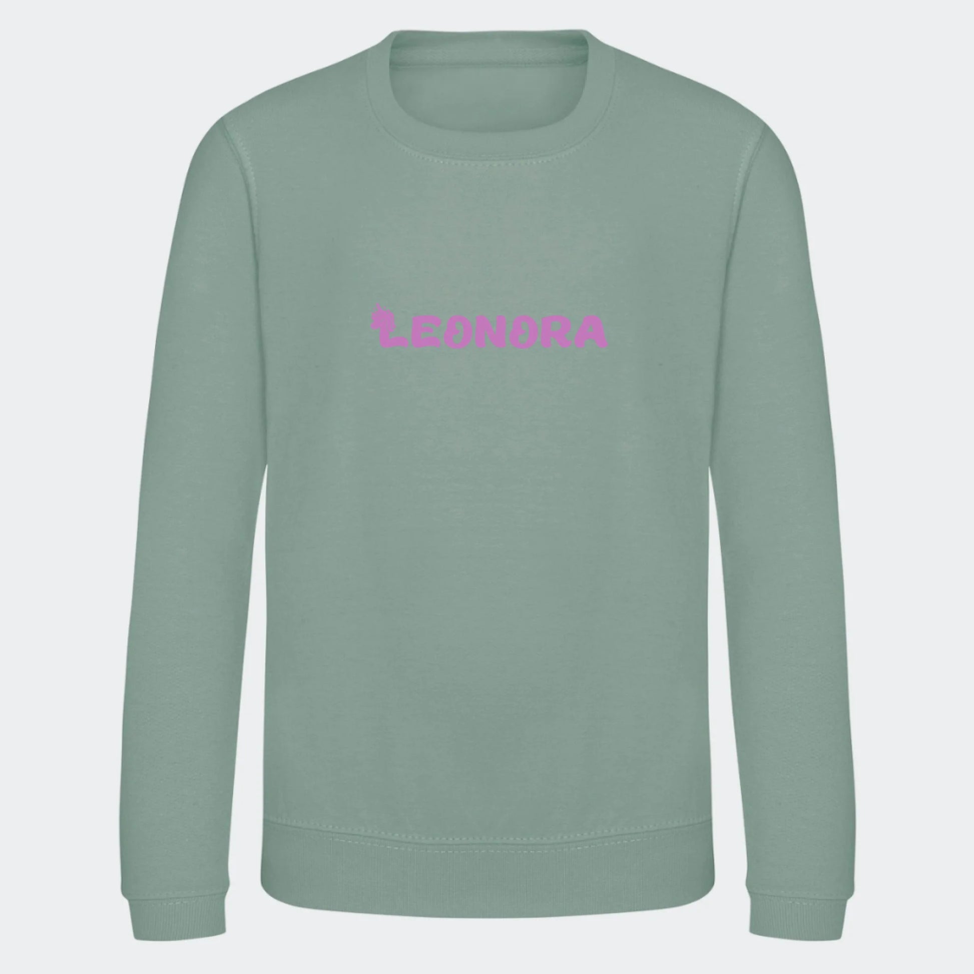 Sweatshirt til junior - Unicorn skrift Customizer TeeInBlue Print på front Dusty Green 3-4 år
