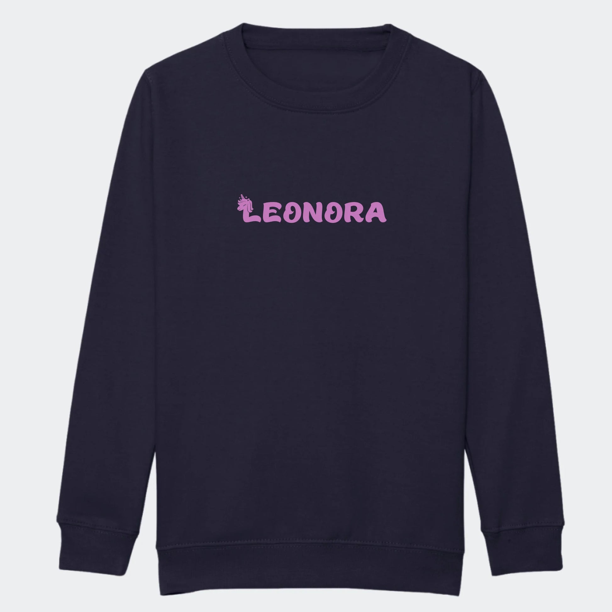 Sweatshirt til junior - Unicorn skrift Customizer TeeInBlue Print på front French Navy 3-4 år