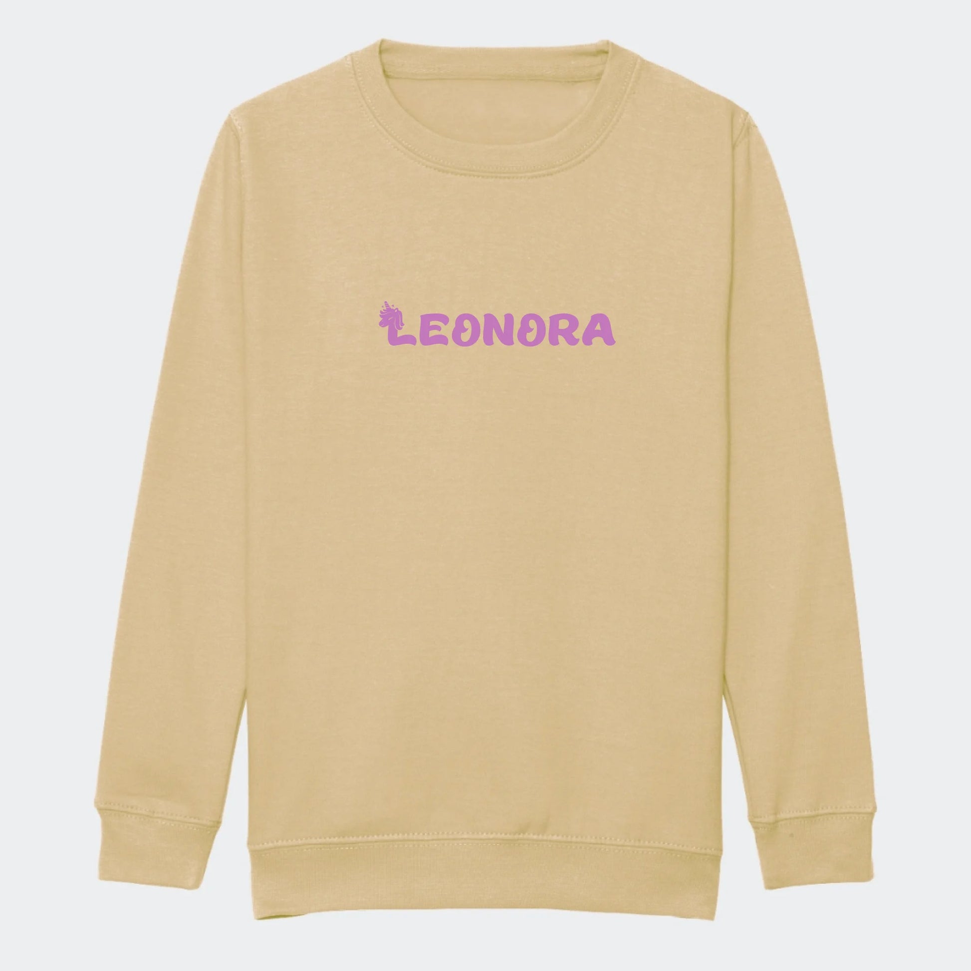 Sweatshirt til junior - Unicorn skrift Customizer TeeInBlue Print på front Desert Sand 3-4 år