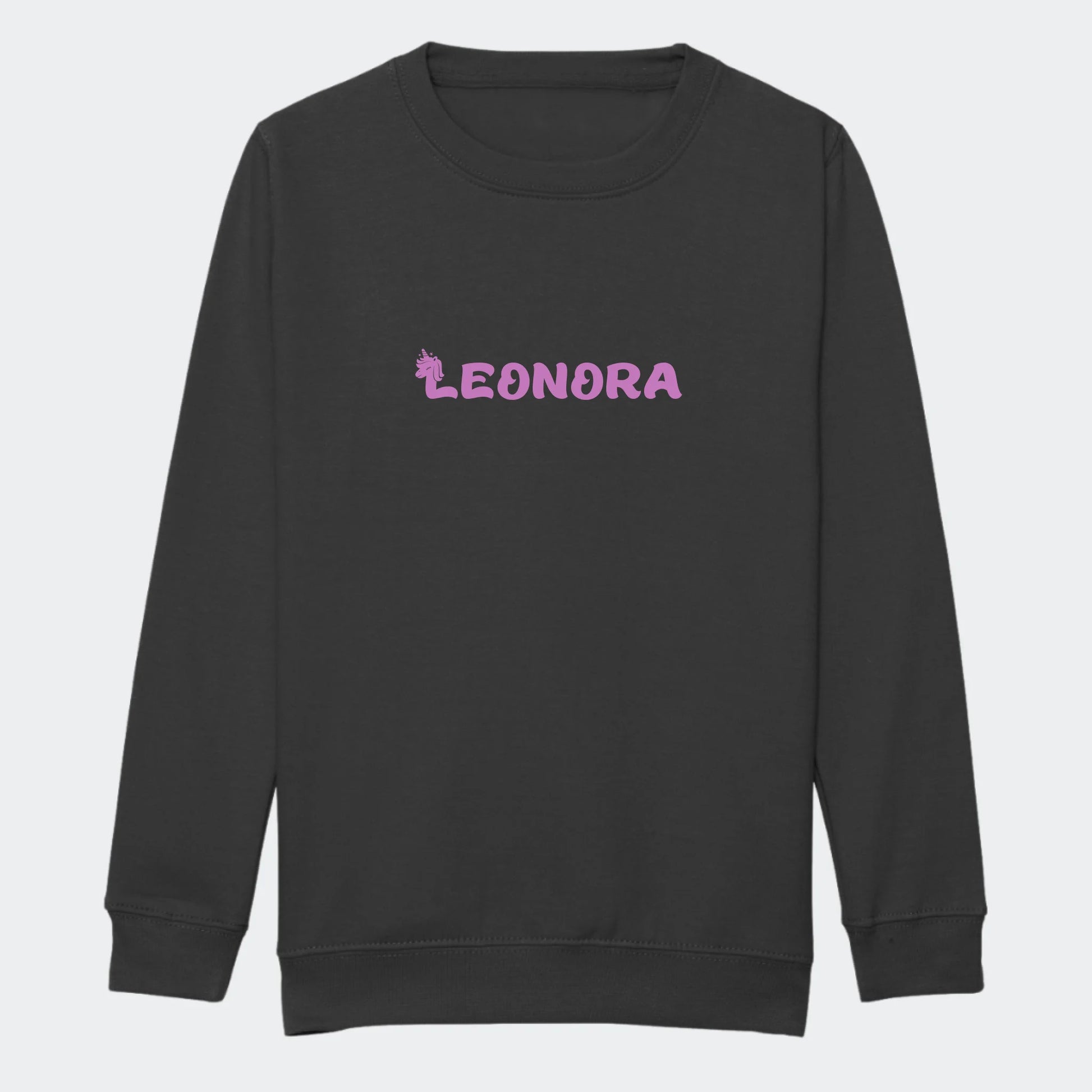 Sweatshirt til junior - Unicorn skrift Customizer TeeInBlue Print på front Storm Grey 3-4 år