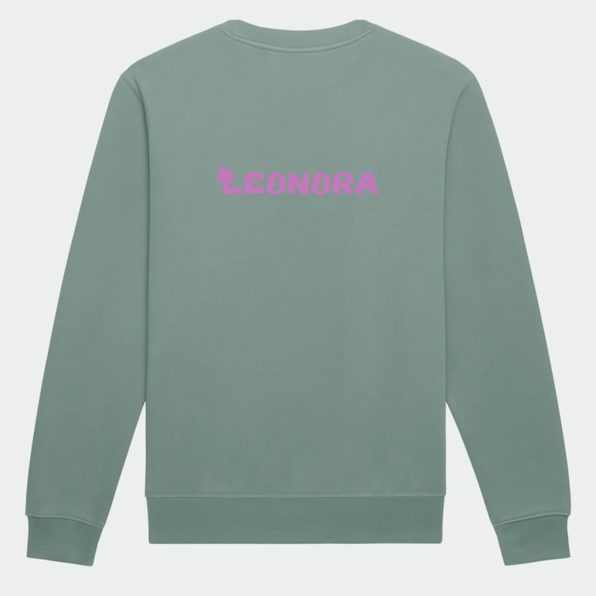 Sweatshirt til junior - Unicorn skrift Customizer TeeInBlue Print på ryggen Dusty Green 3-4 år