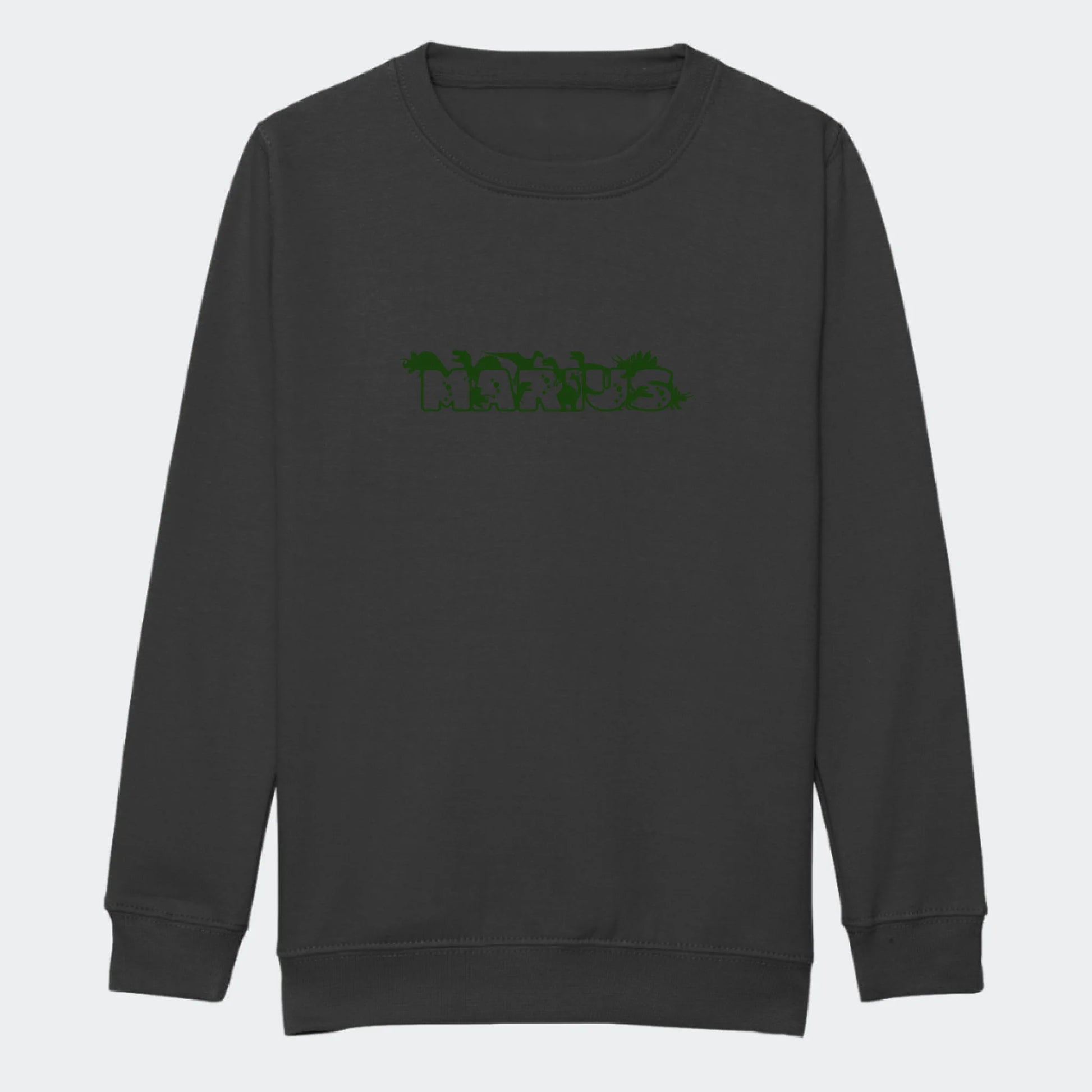 Sweatshirt til junior - Dino skrift Customizer TeeInBlue Print på front Storm Grey 3-4 år