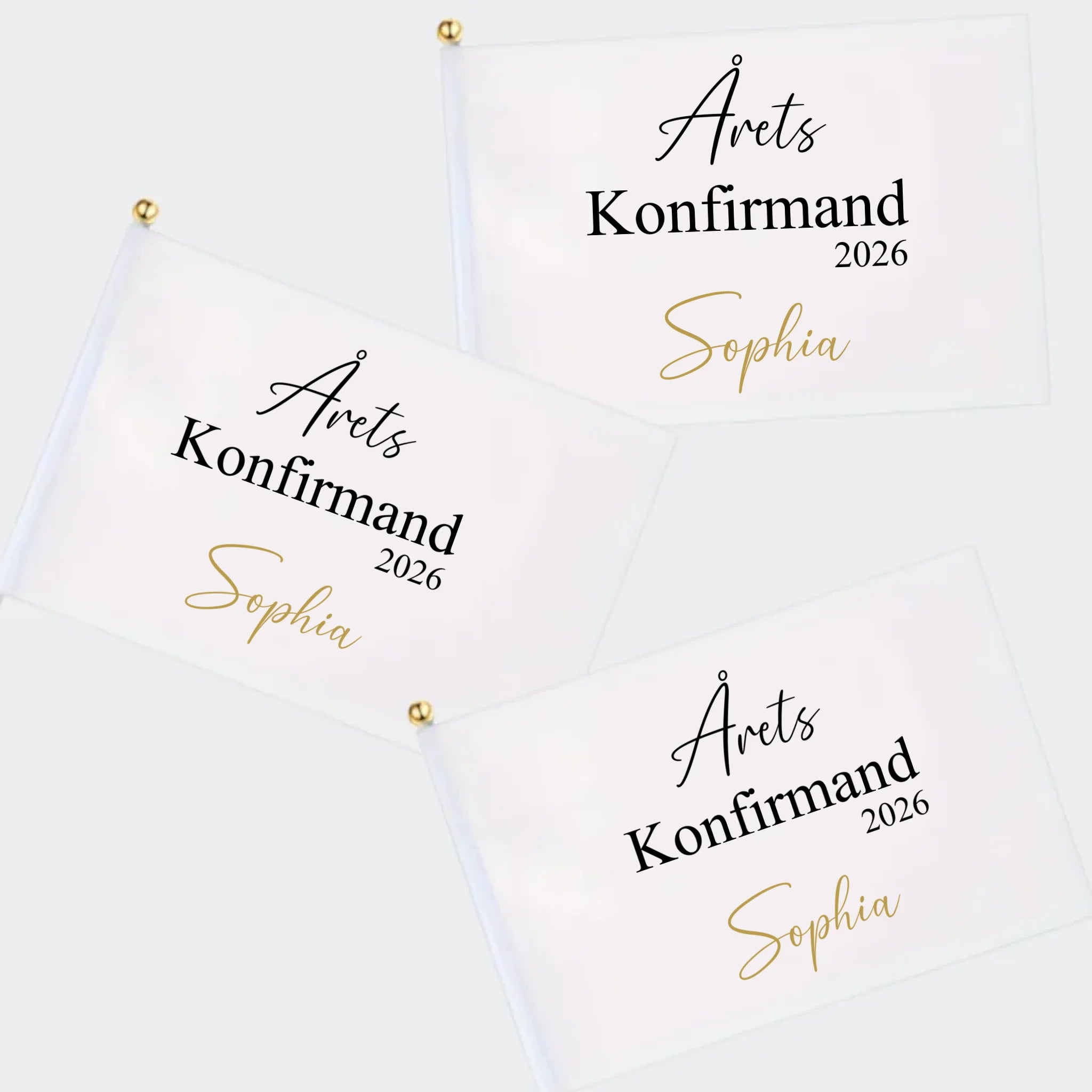 Tre hvide flag med Årets Konfirmand 2026