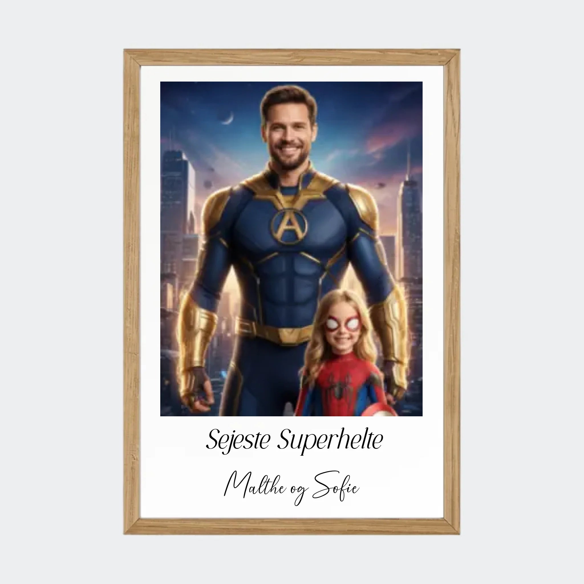Plakat Ai genereret Superhelte – Upload eget billede, A4 med ramme i massiv eg