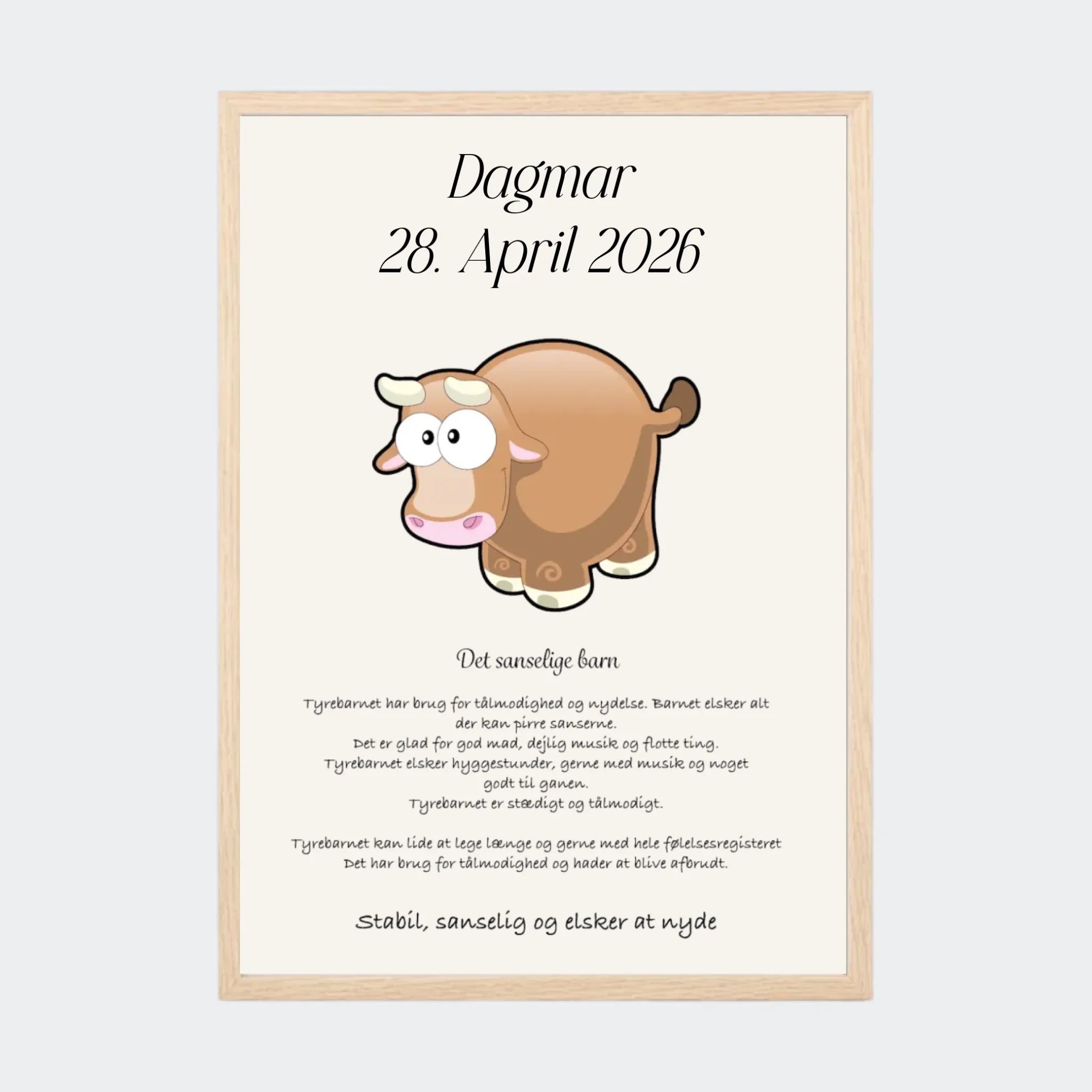 Plakat med stjernetegn – Tyren, A3 med ramme i natur eg
