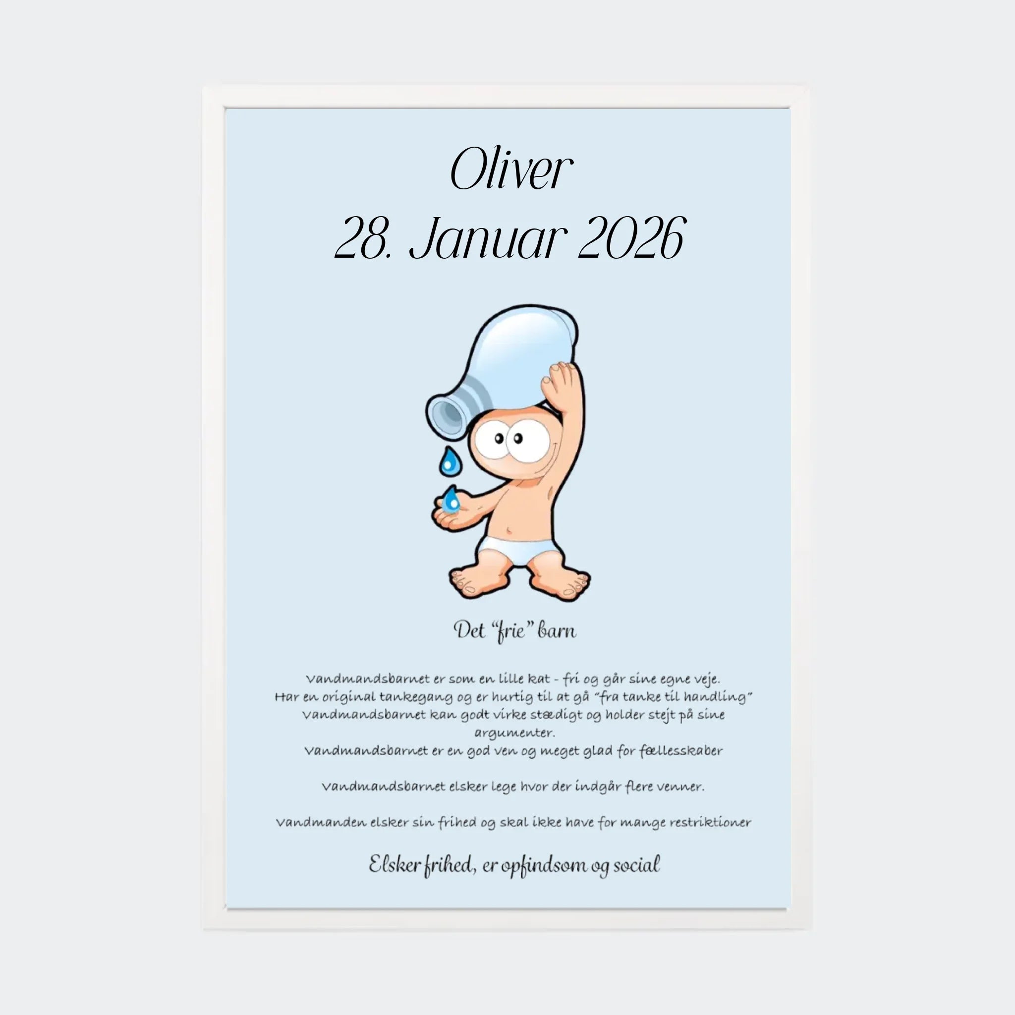 Plakat med stjernetegn – Vandmanden, A3 med hvid ramme