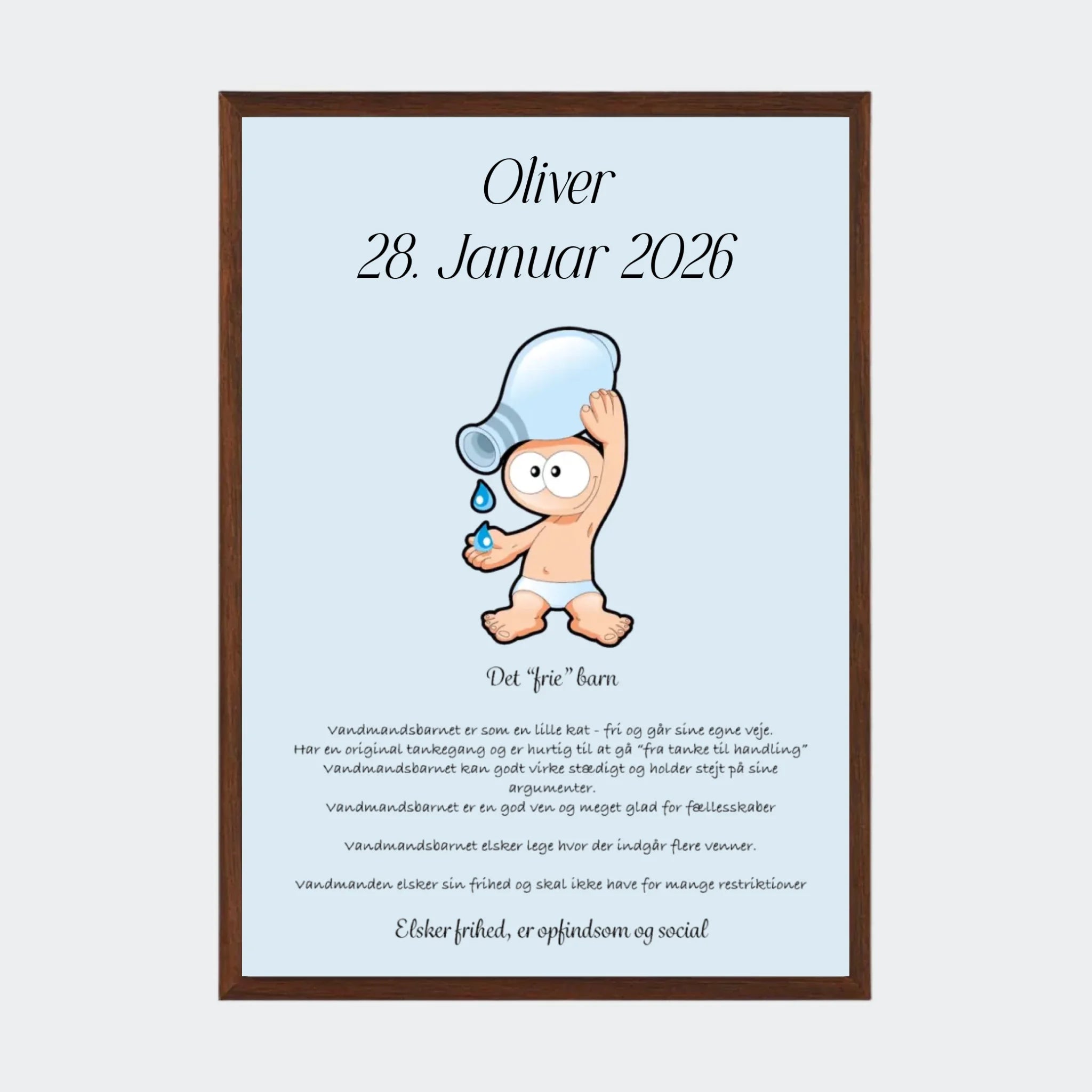 Plakat med stjernetegn – Vandmanden, A3 med ramme i mørk eg