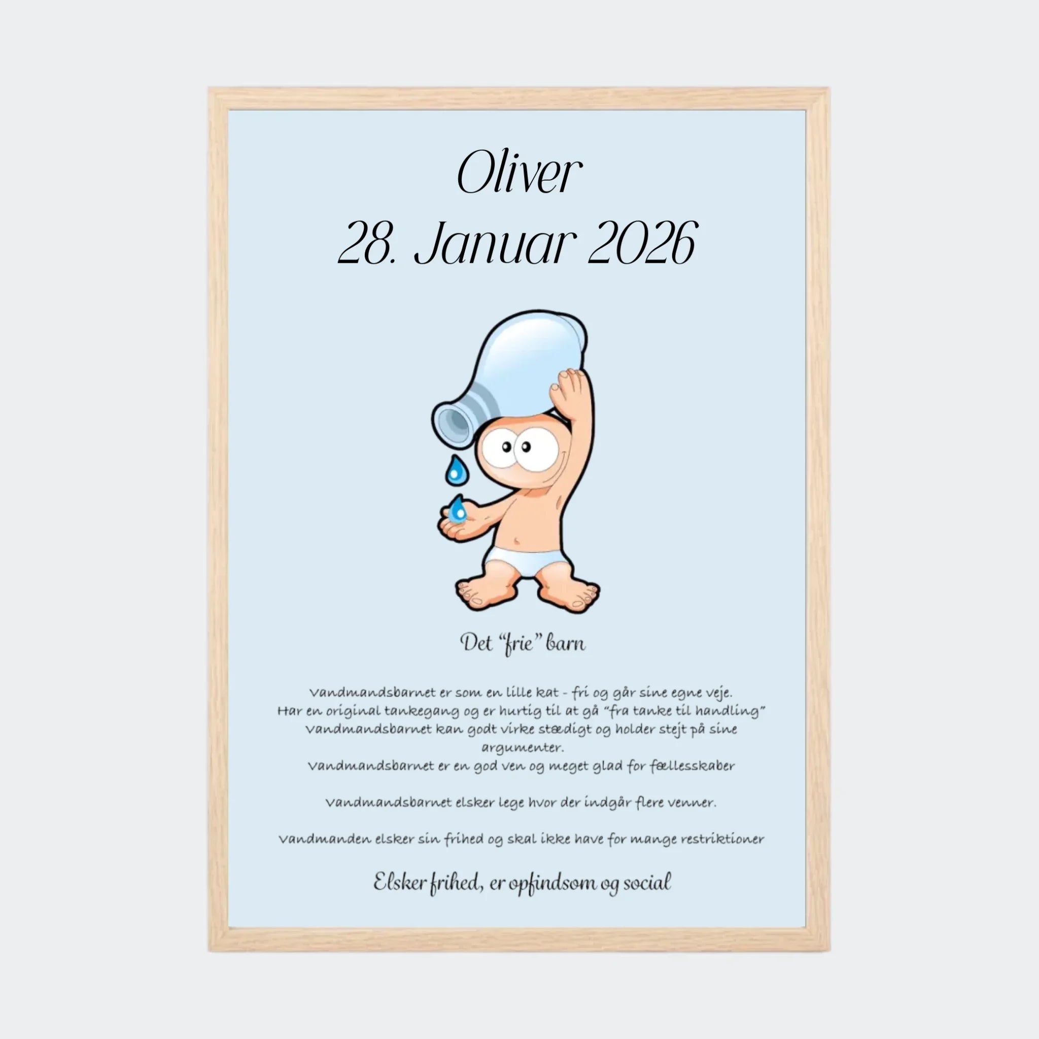 Plakat med stjernetegn – Vandmanden, A3 med ramme i natur eg