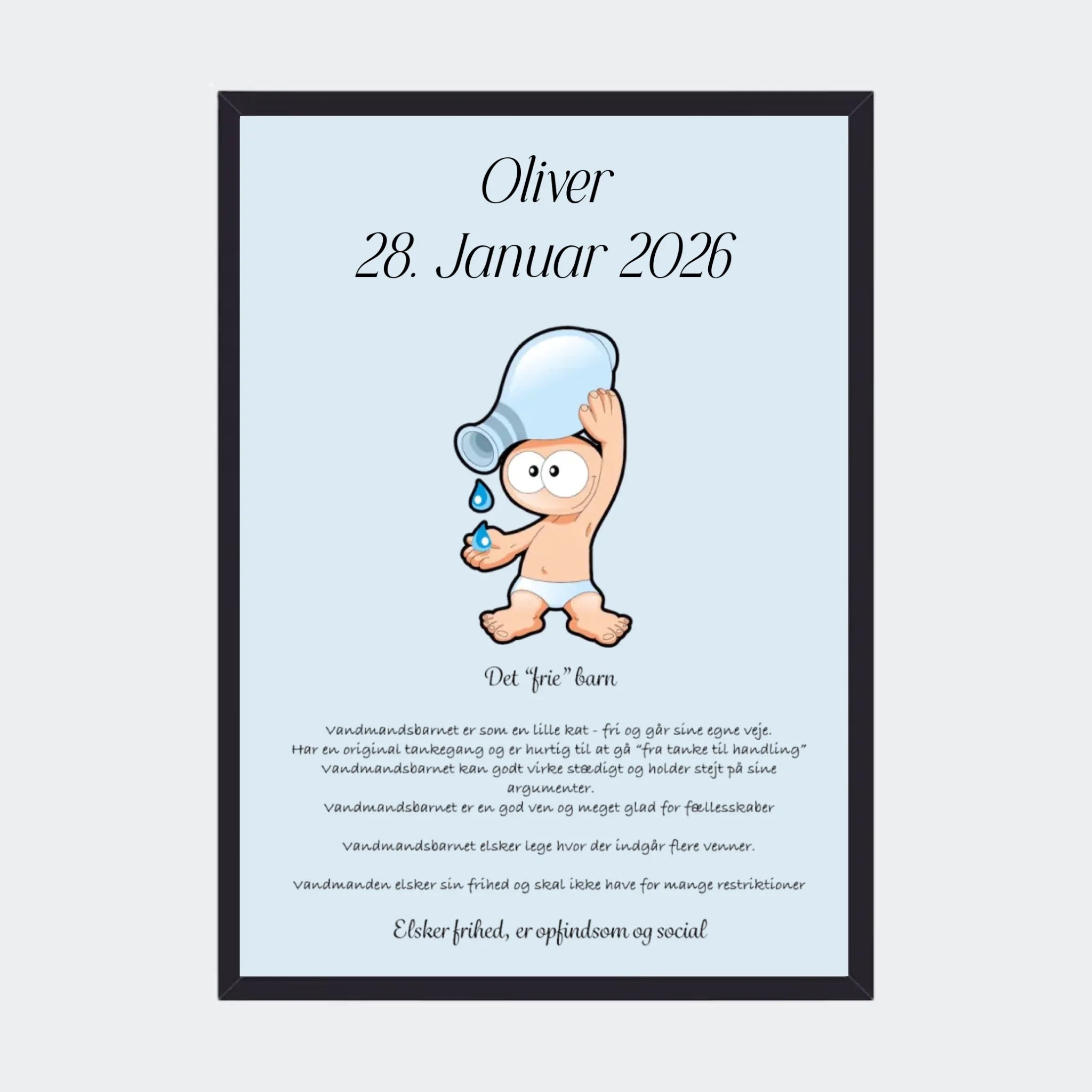 Plakat med stjernetegn – Vandmanden, A3 med sort ramme