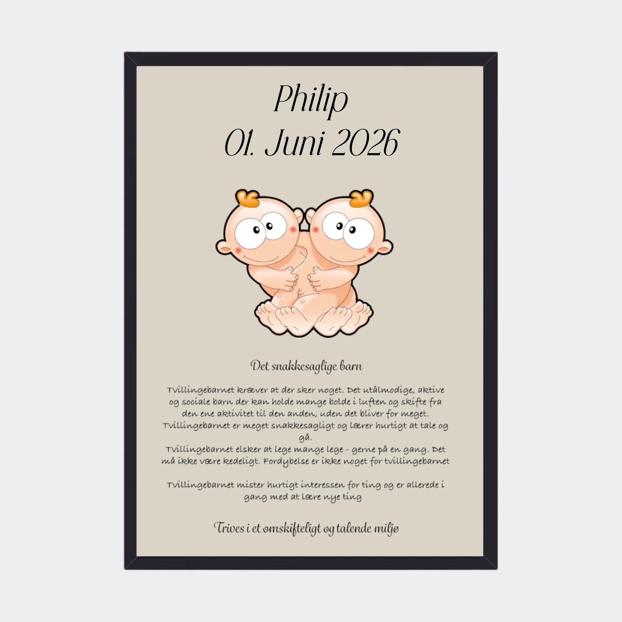 Plakat med stjernetegn – Tvillingen, A3 med sort ramme