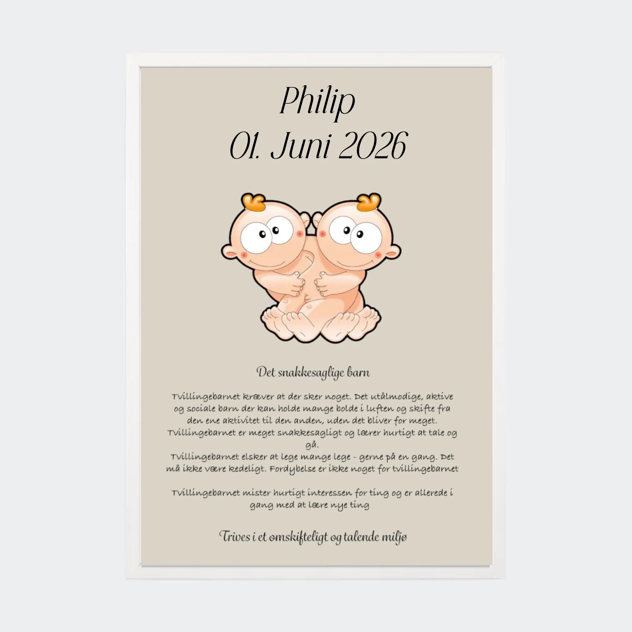 Plakat med stjernetegn – Tvillingen, A3 med hvid ramme