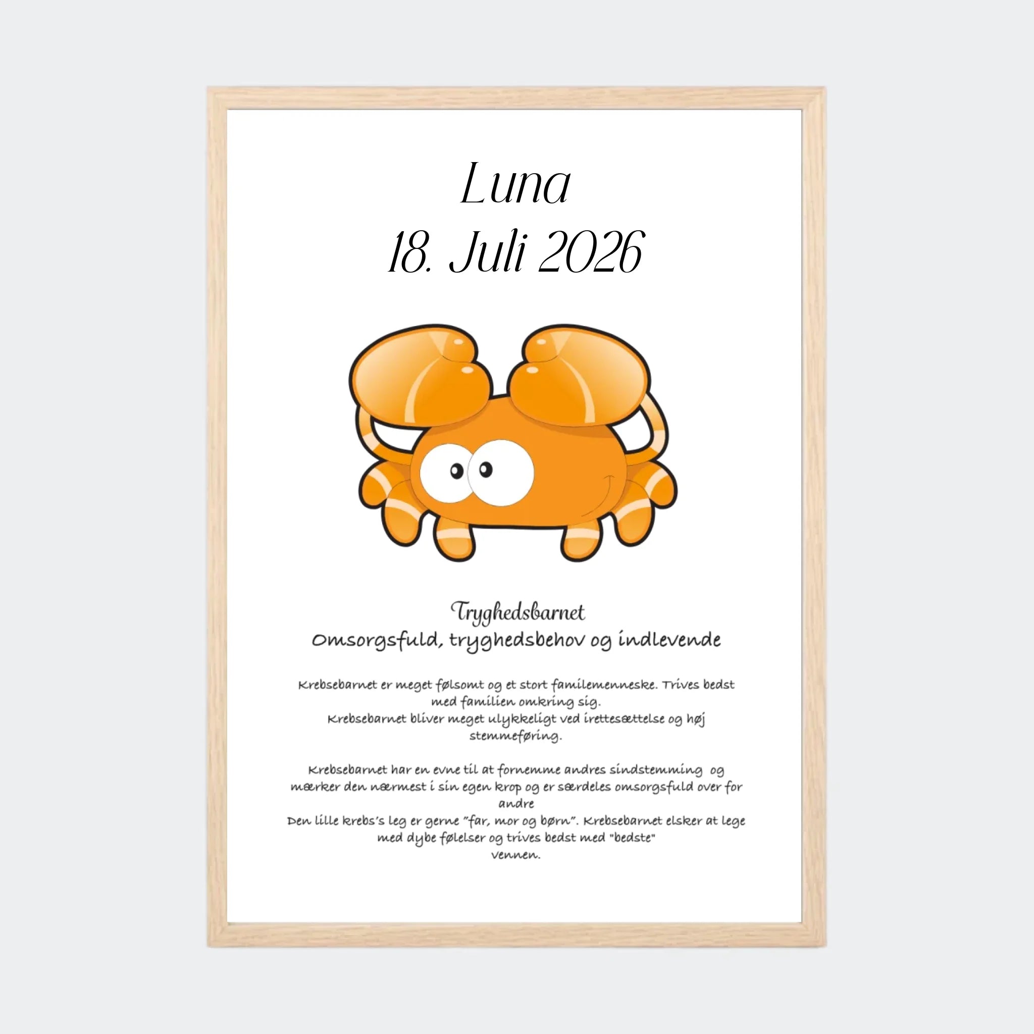 Plakat med stjernetegn – Krebsen, A3 med ramme i natur eg