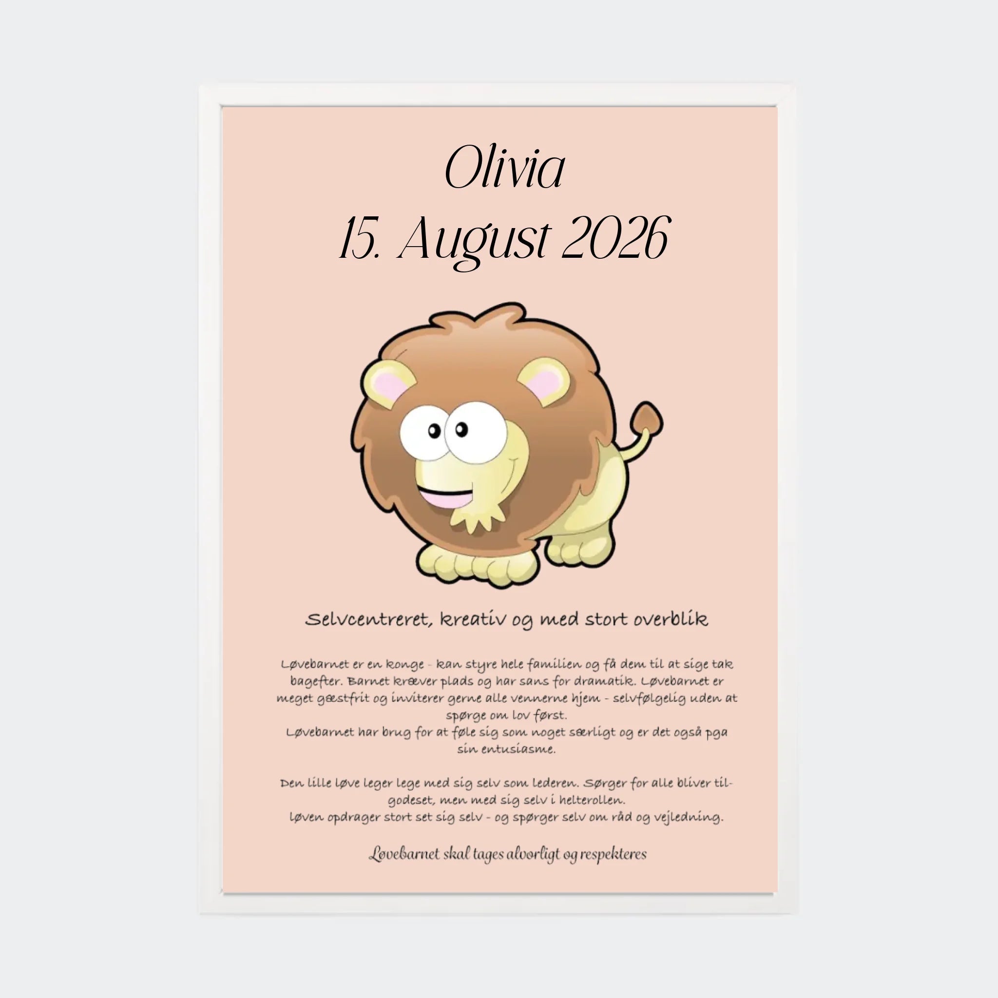 Plakat med stjernetegn – Løven, A3 med hvid ramme