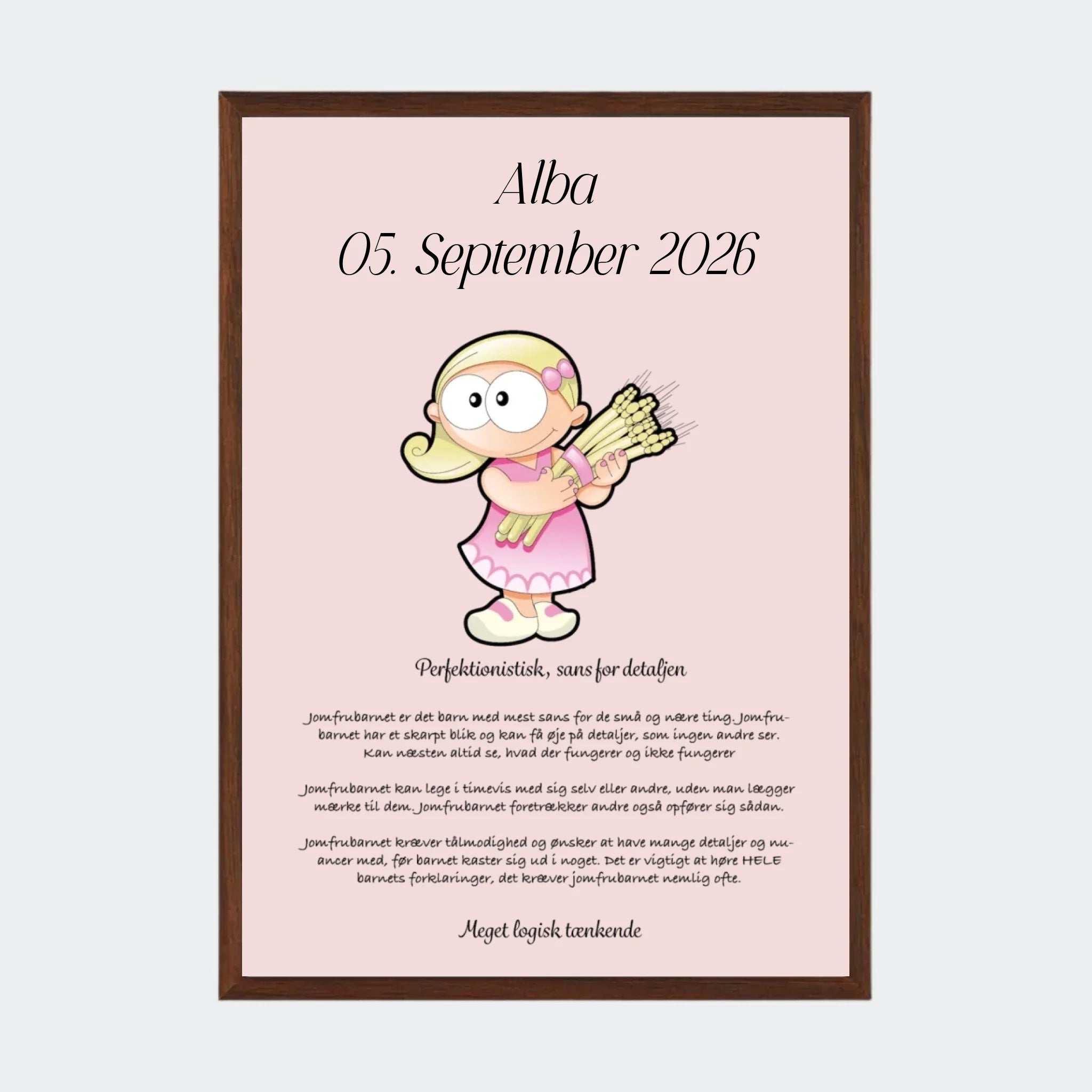 Plakat med stjernetegn – Jomfruen, A3 med ramme i mørk eg