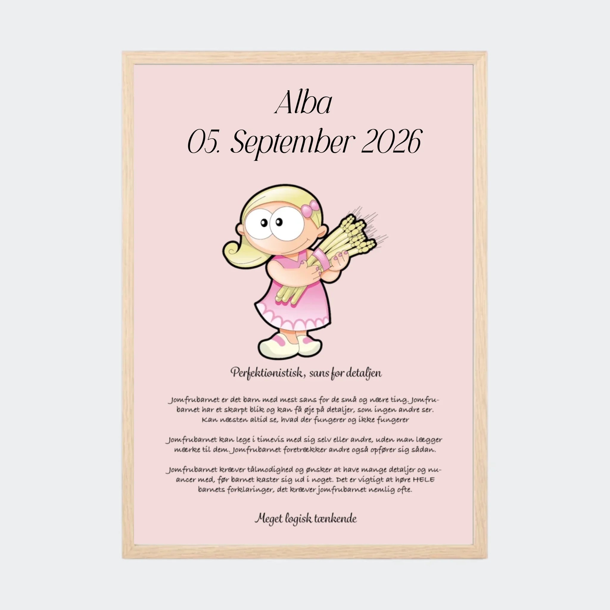 Plakat med stjernetegn – Jomfruen, A3 med ramme i natur eg