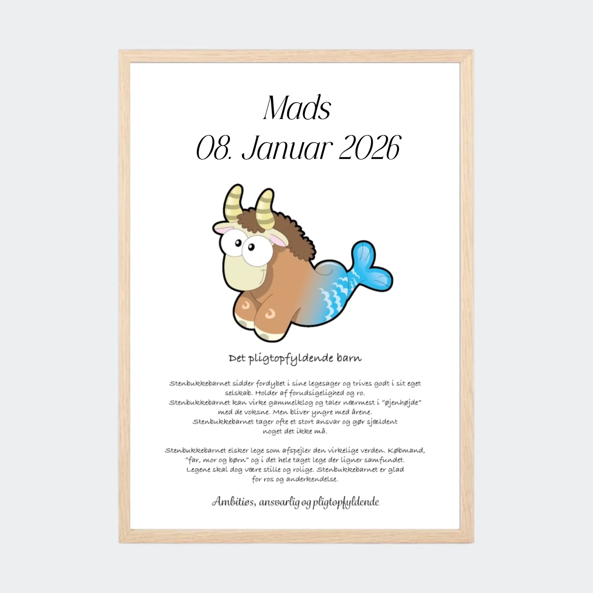 Plakat med stjernetegn – Stenbukken, A3 med ramme i natur eg