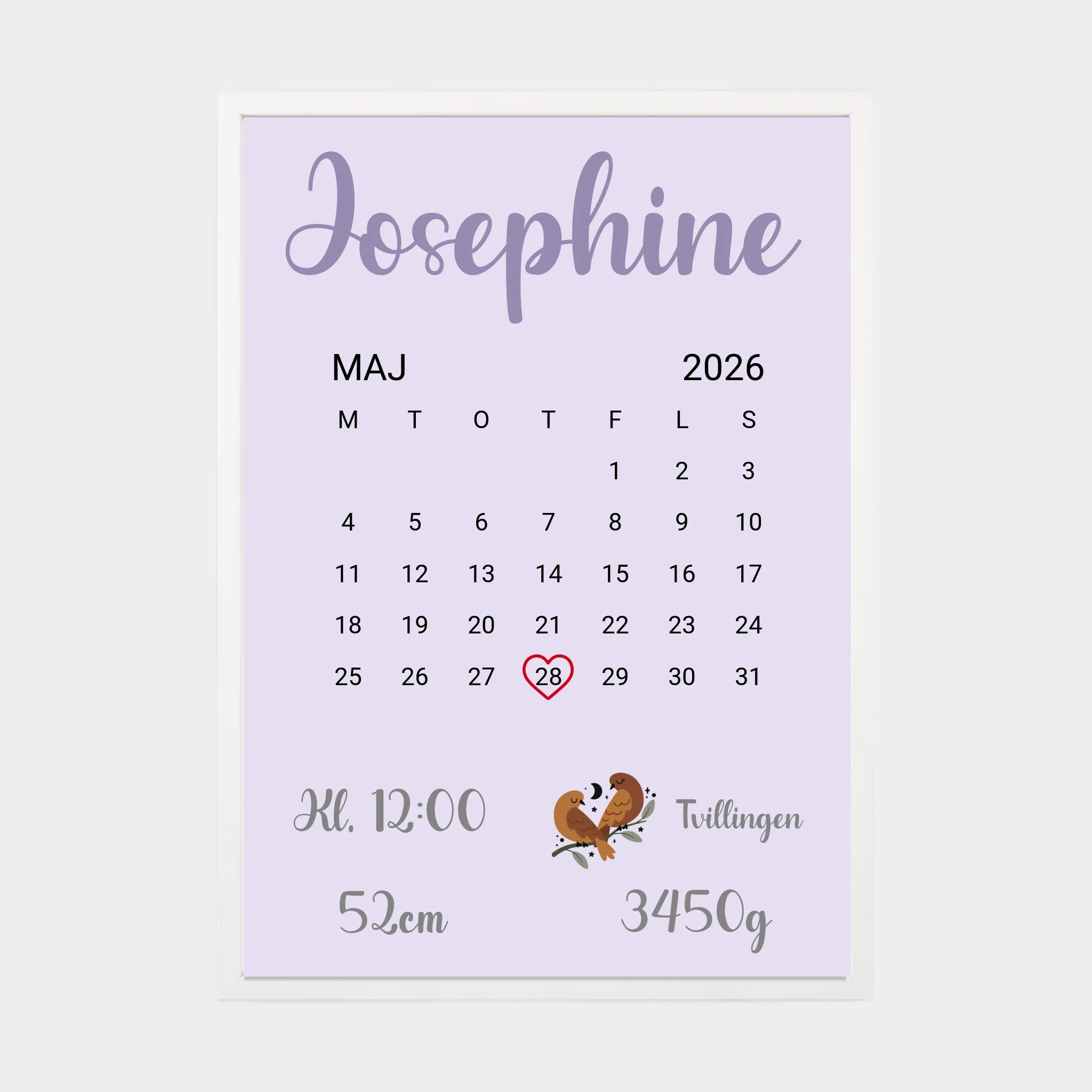 Fødselsplakat – Med kalender og stjernetegn, A3 med hvid ramme