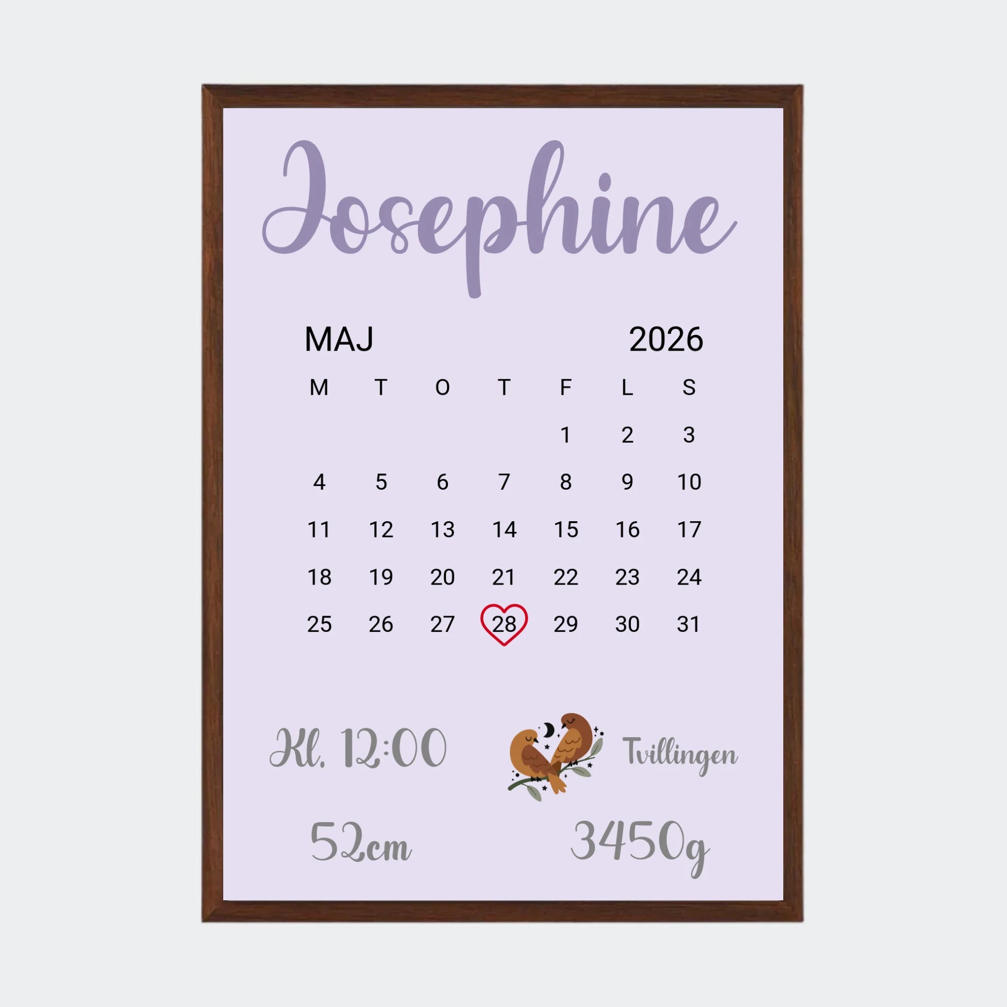 Fødselsplakat – Med kalender og stjernetegn, A3 med ramme i mørk eg