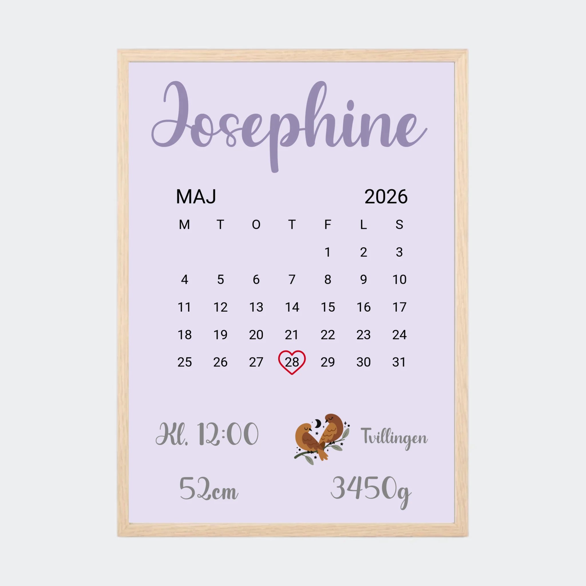 Fødselsplakat – Med kalender og stjernetegn, A3 med ramme i natur eg