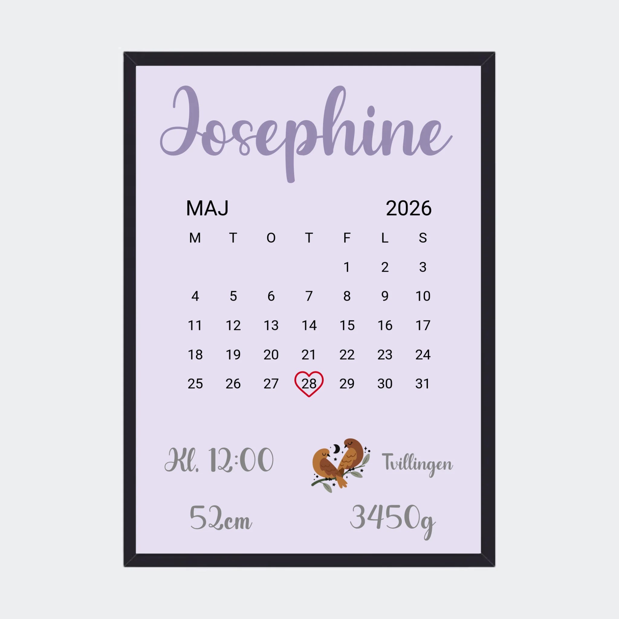 Fødselsplakat – Med kalender og stjernetegn, A3 med sort ramme