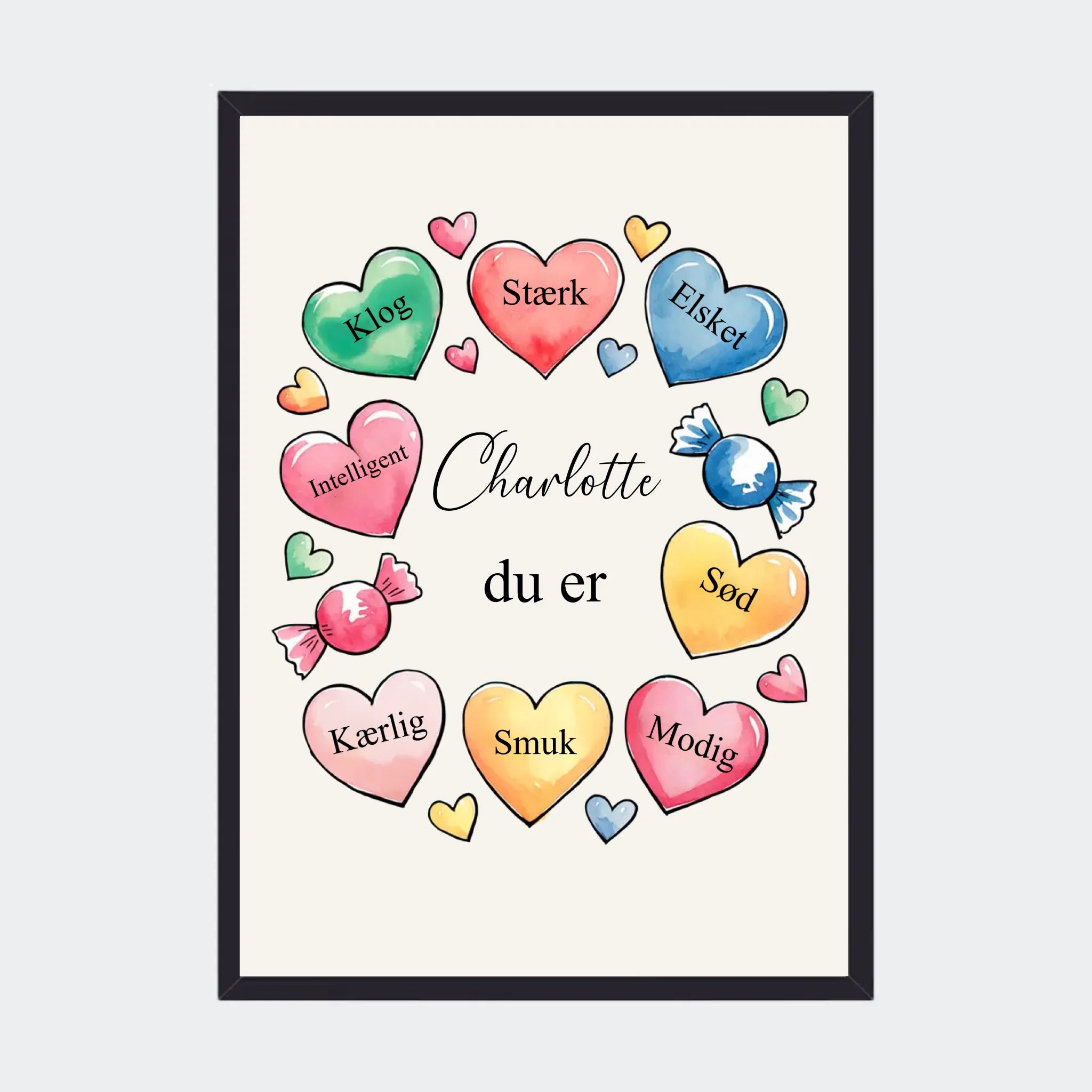 Plakat – Hjerter med søde ord, A3 med sort ramme