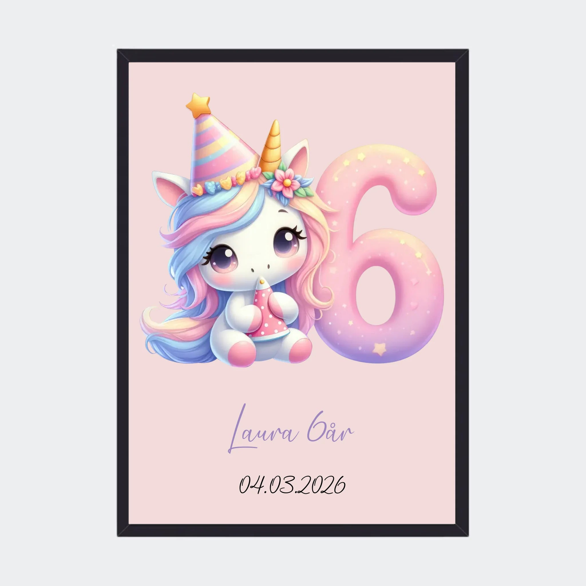 Fødselsdagsplakat – Unicorn med tal, A3 med sort ramme