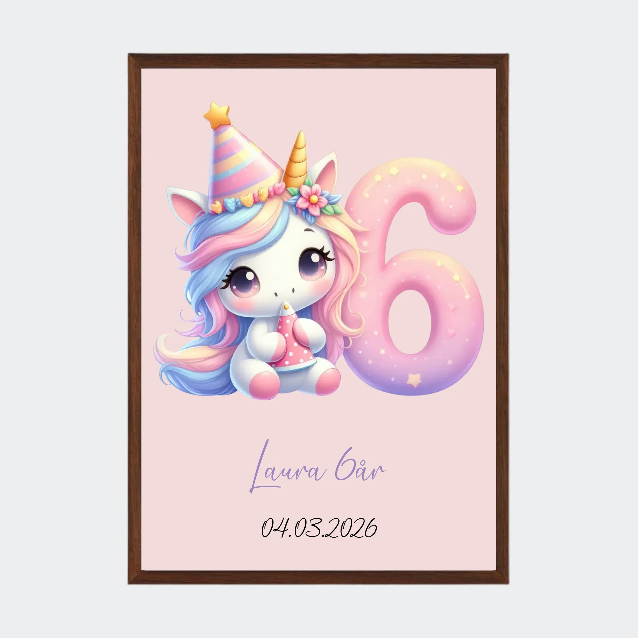 Fødselsdagsplakat – Unicorn med tal, A3 med ramme i mørk eg