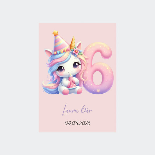 Fødselsdagsplakat – Unicorn med tal, Uden ramme