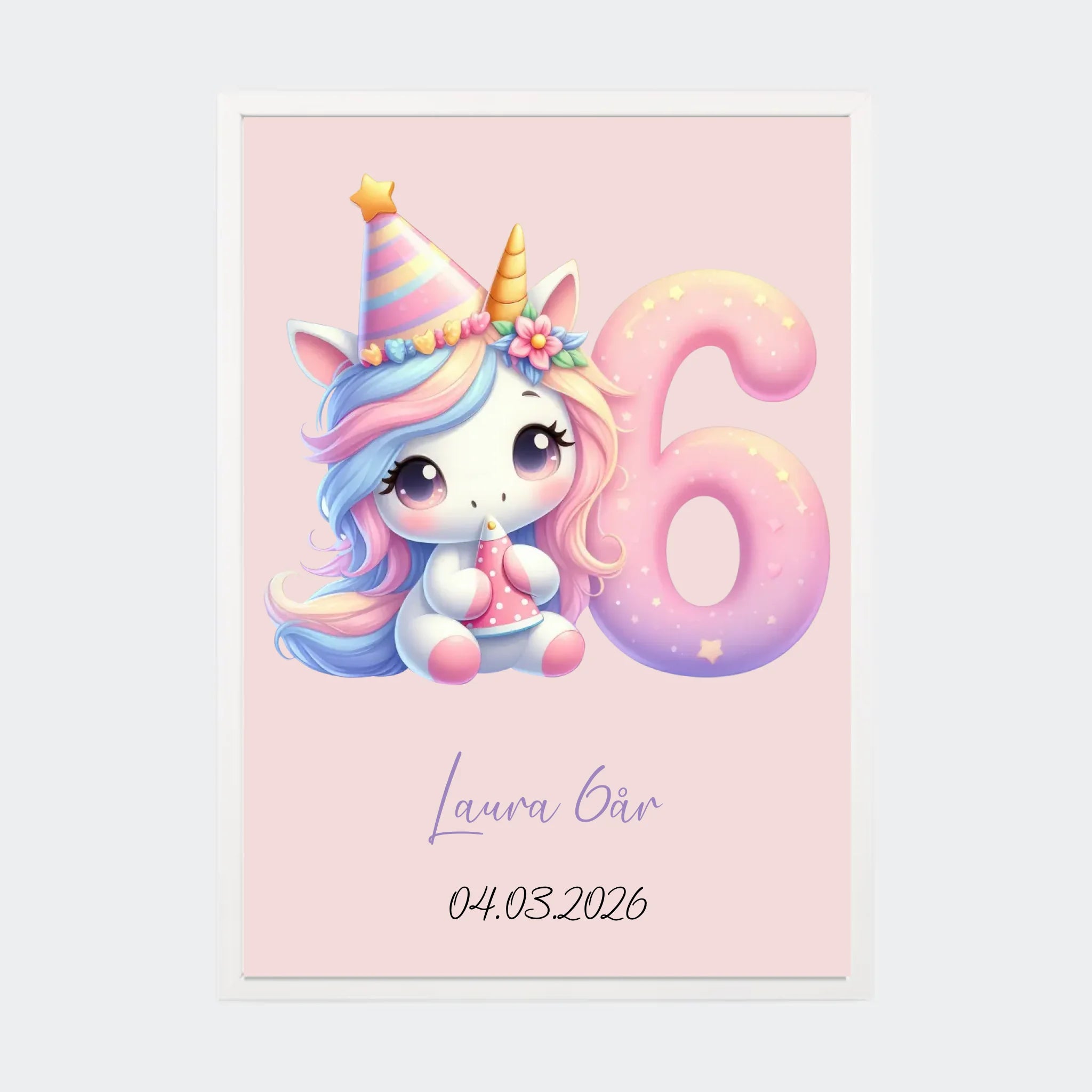 Fødselsdagsplakat – Unicorn med tal, A3 med hvid ramme