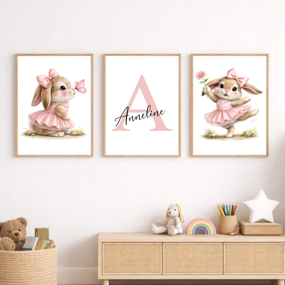 Plakater 3 stk – Lyserøde kaniner, natur