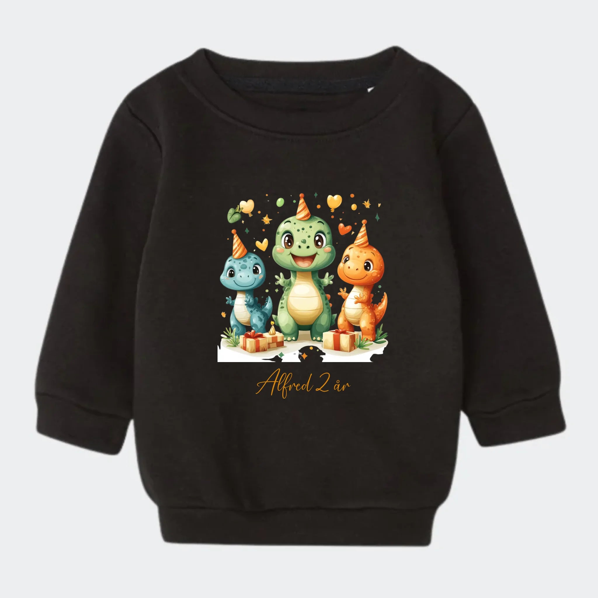 Sweatshirt til små børn – Dino med fødselsdagshatte, sort