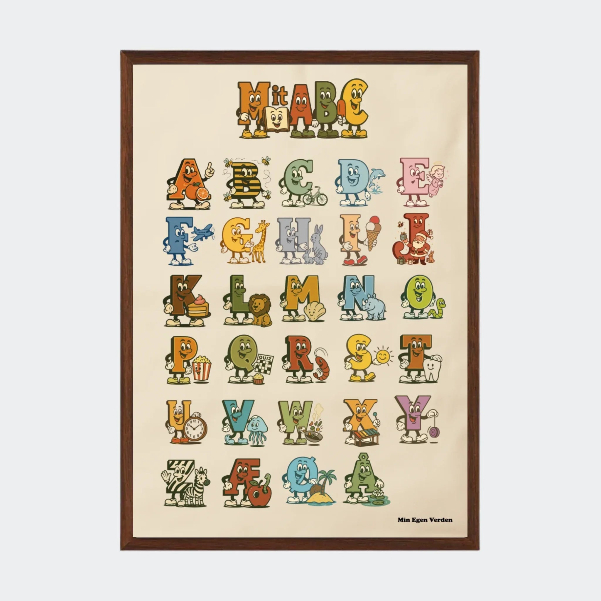 Plakat – Mit ABC med forskellige motiver, A3 med ramme i mørk eg