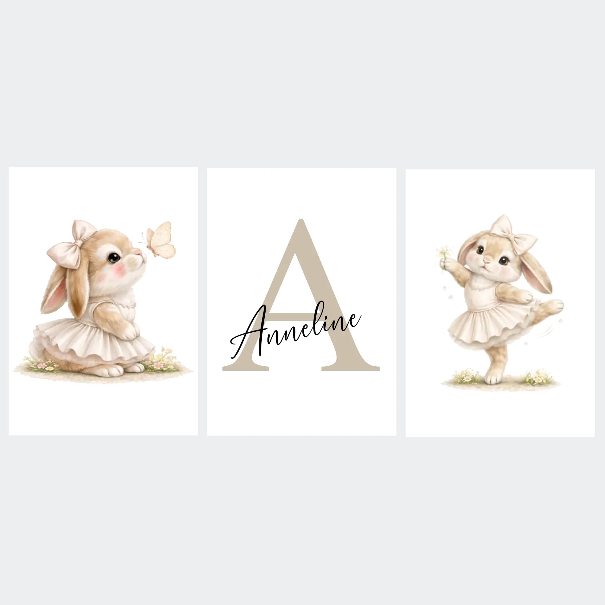 Plakater 3 stk – Beige kaniner – pige, Uden ramme