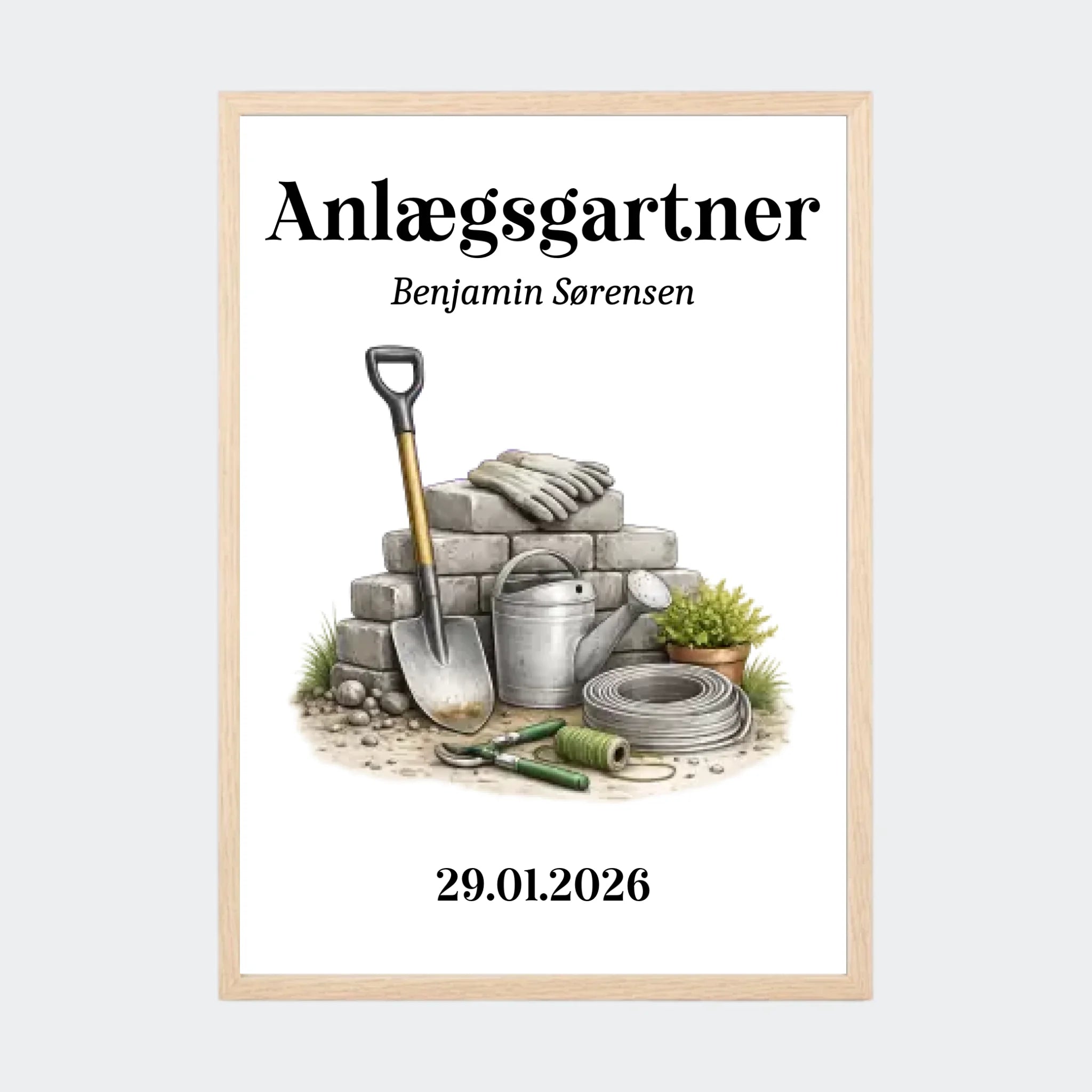 Plakat – Anlægsgartner, A3 med ramme i natur eg